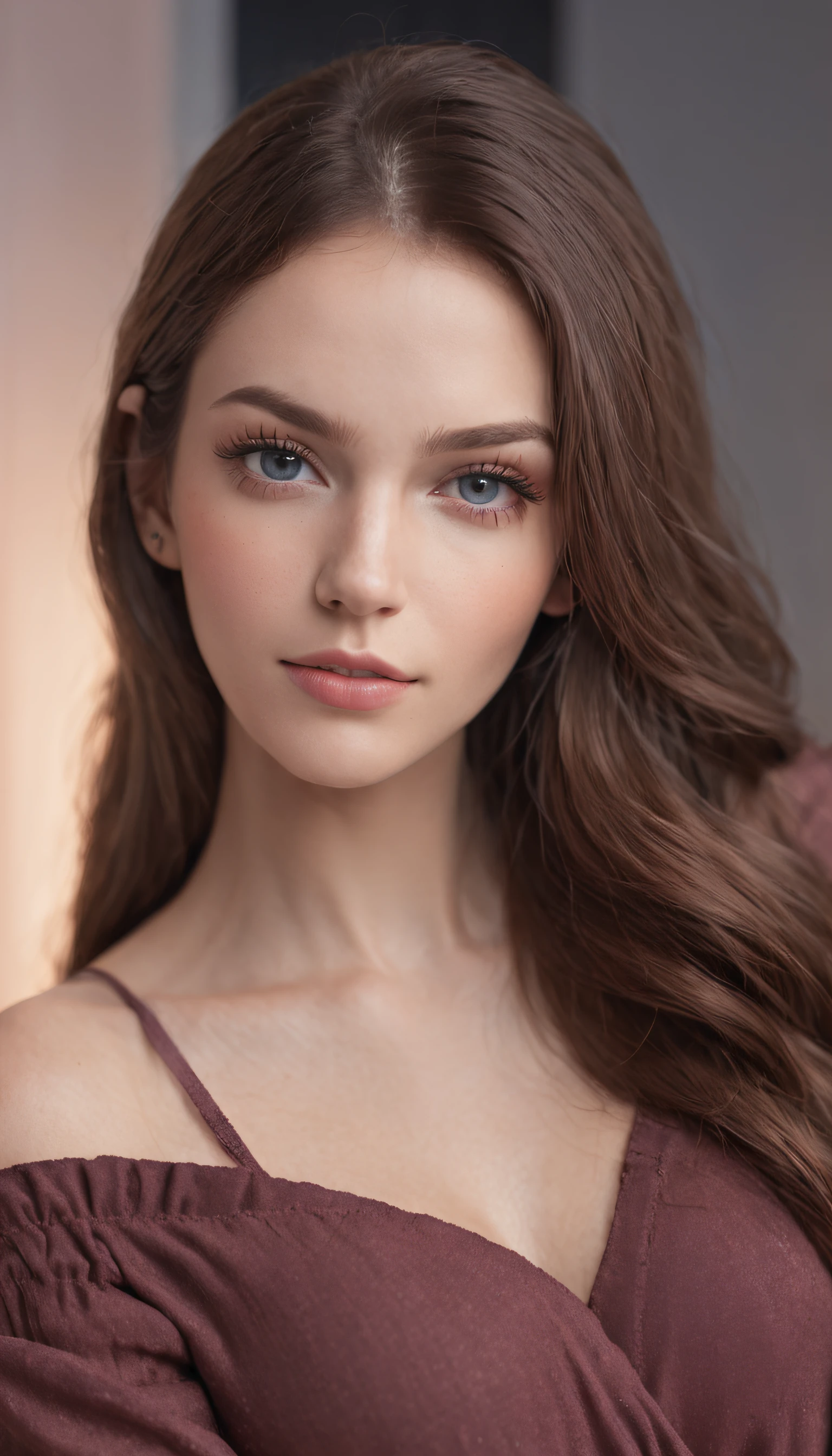 Produce an ultra-realistic Instagram model of a beautiful woman, long brown hair, blue eyes, soft skin, soft purple light in the background, standing on a modern apartment , The image has a high resolution of 4K, with soft, natural lighting that enhances the model's skin tones and the colors of their outfit, The render style is focused on realism and detailed textures, and the final result is a captivating portrayal of modern elegance.