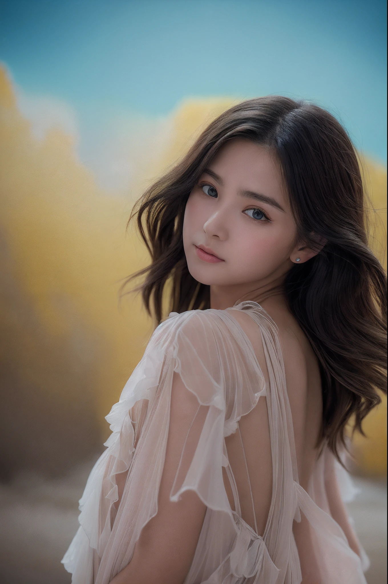 the Extremely Detailed CG Unity 8K Wallpapers、top-quality、ultra-detailliert、masterpiece、studio shoot、Full body portrait、(Chiffon Lashing Dress:1.4), realisitic、Behind the photo、large full breasts、realisitic、Photo Real、extremely detailed cute girl、独奏、sixteen years old、Melancholy look, (Against the backdrop of Yellowstone National Park in the United States:1.4), A dark-haired, Long Bob, out of focus、blur、