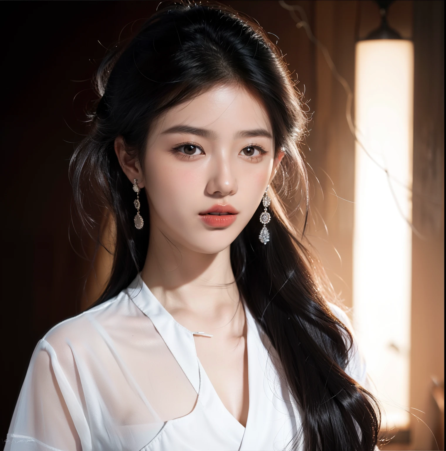 Arafard image of a woman with long black hair and a white shirt, Korean symmetrical face, Gorgeous young Korean woman, Beautiful young Korean woman, Korean face features, young lovely Korean faces, beautiful Korean women, south east asian with round face, Korean girl, Korean woman, beautiful aesthetic face, Soft portrait shot 8 K, Asian Beauty Face is surrounded by red roses,Contrast with white clothes