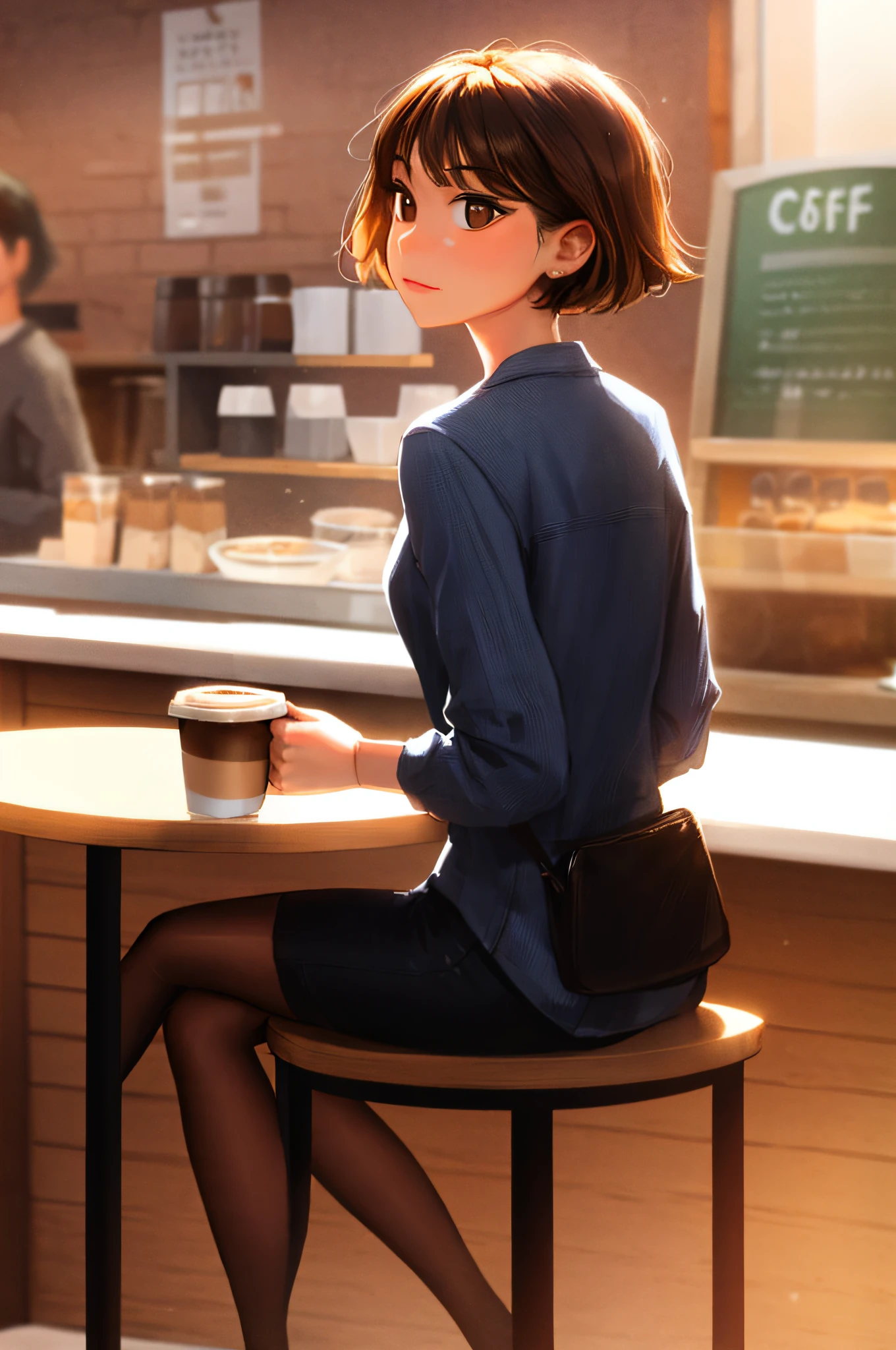 sam yang, 1 girl with brown hair Short hair Frontal backlit Sitting or passing by a coffee shop with coffee in hand