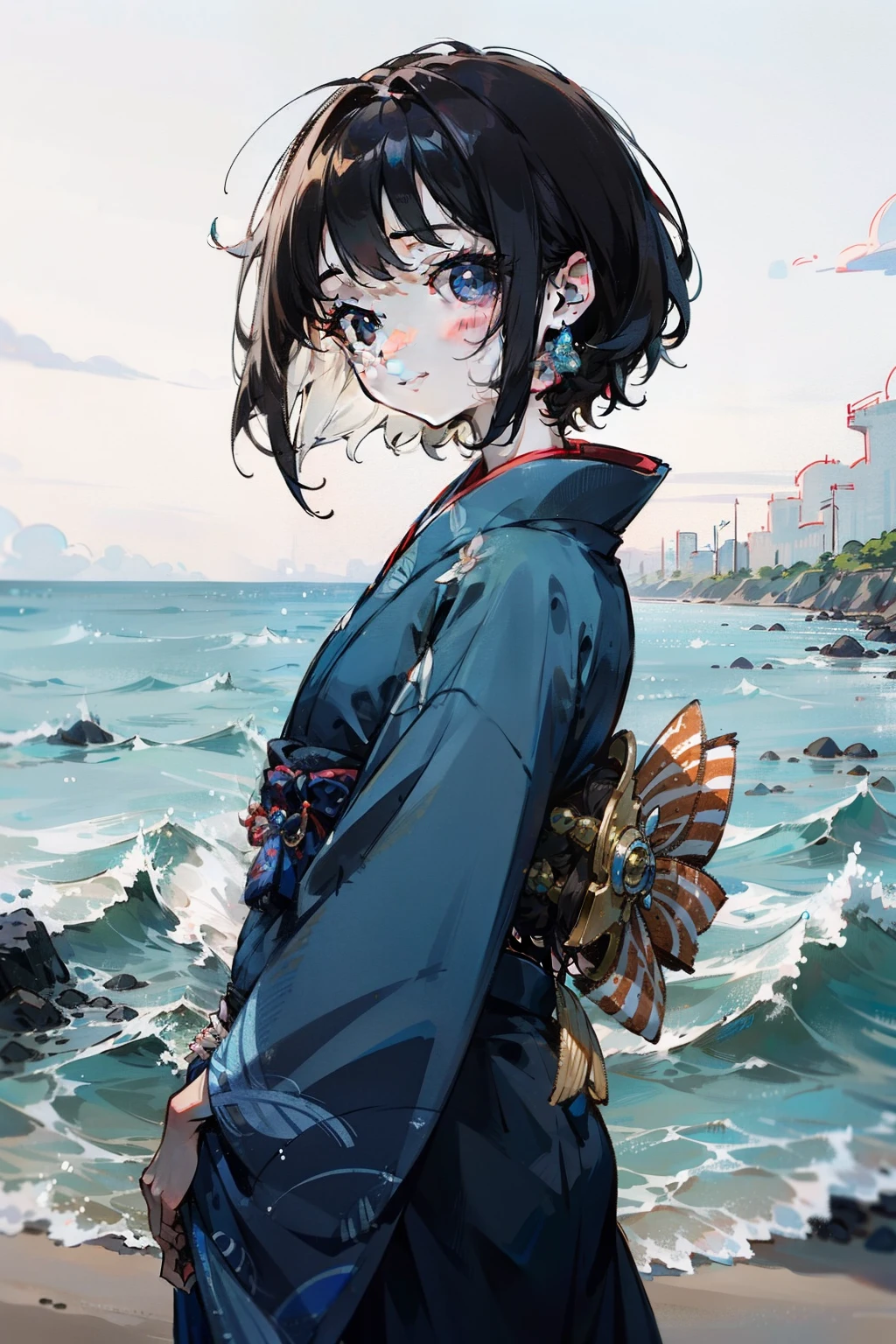 top-quality、Close to the seaside、bright expression、short dark hair、Black eye、Light blue kimono