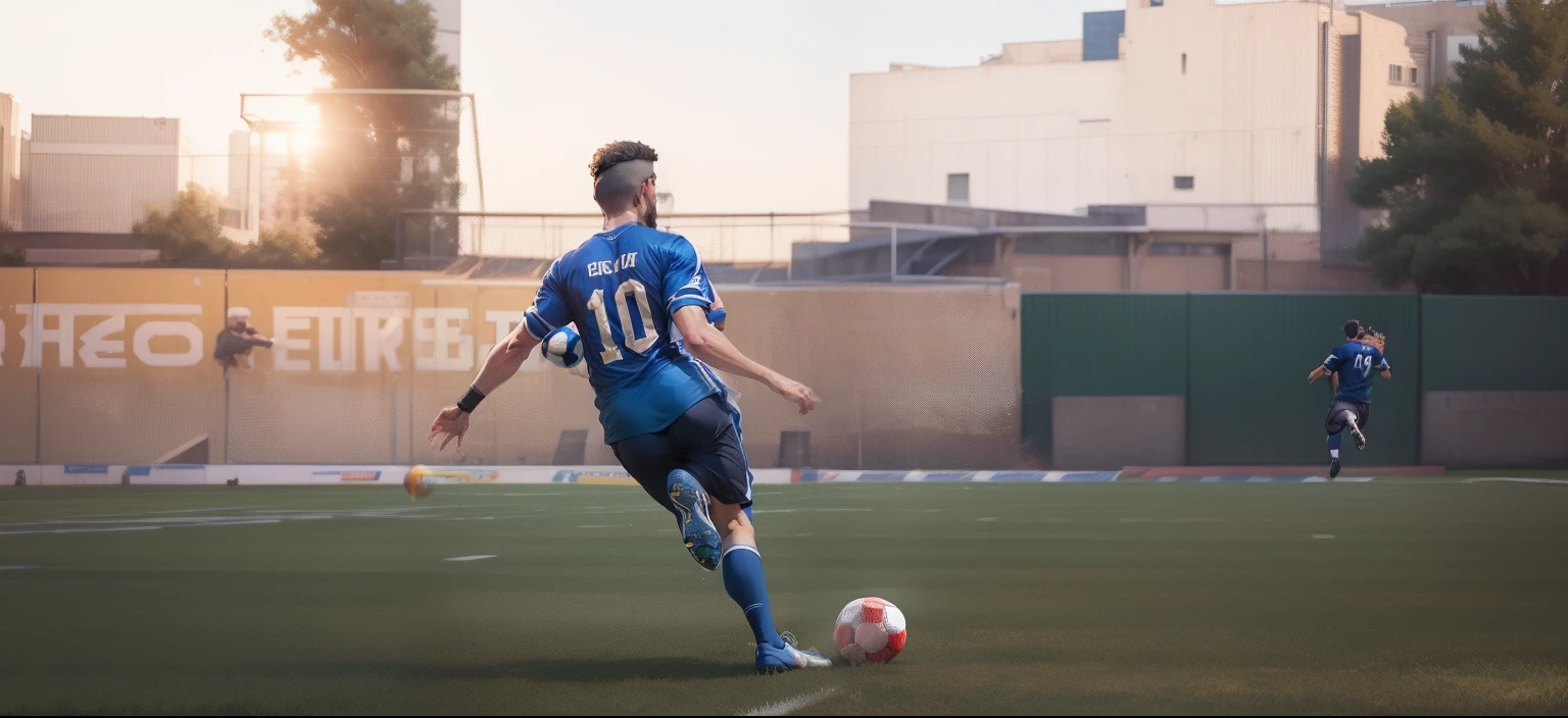 Change background football stadium realistic boy shooting a ball with blue jersey and 10 number on his backside of the tshirt beard on his jawlines