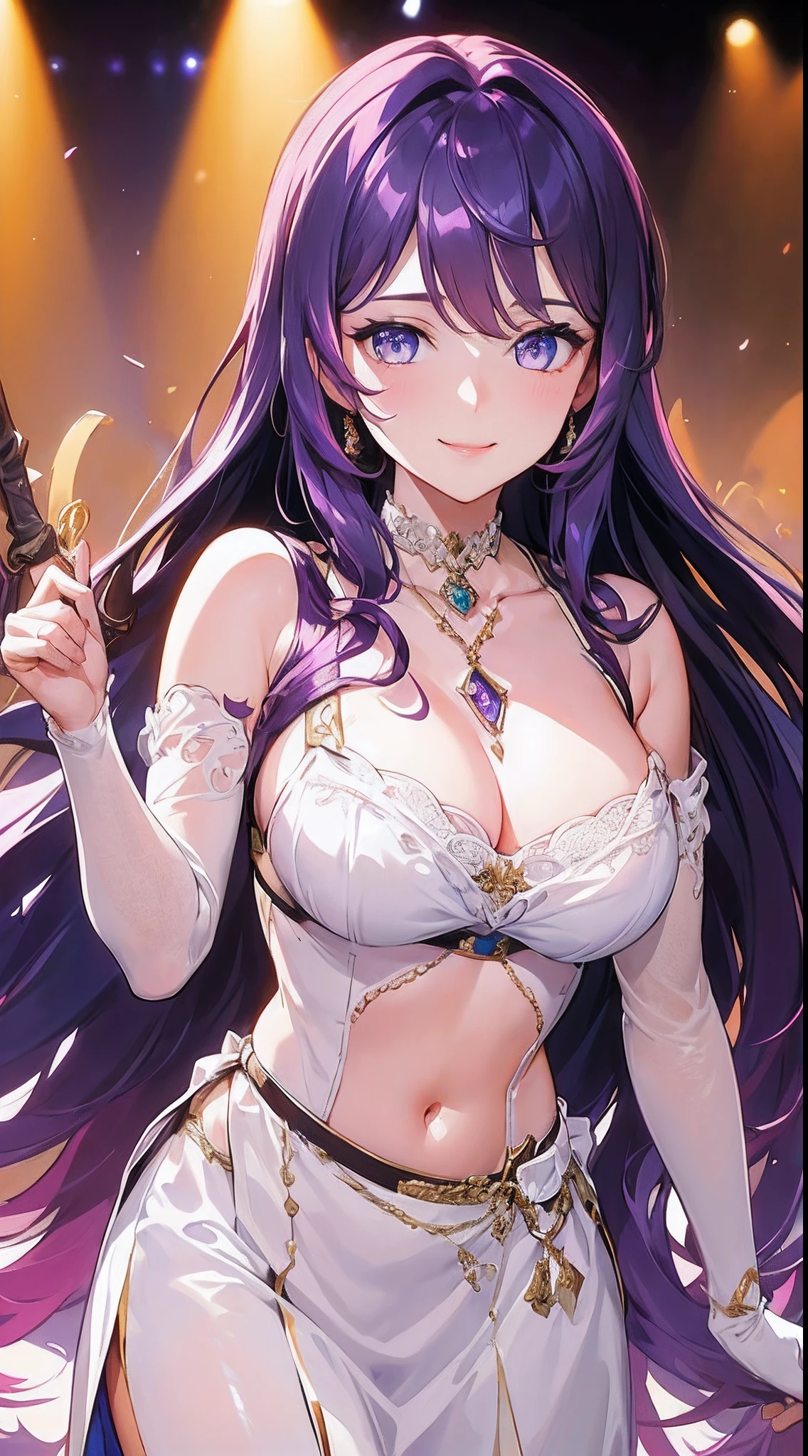 (Best quality),(4k), [highly grand details CG painting]!!,(cheer sticks),(((the Greatest masterpiece,))) (ultra detailed),(((idol))),(intricately details),(Natural,cute face),((((beautiful stage)))),(dynamic angles,)(aggressive winds),(dynamic lighting),(blooming,synthetic wave), (reality: 0.7), solo,1 girl,Long eyelashes,watery eyes,reflected eyes,eyes shadow,purple haired deity,floating hair,((elegant and conservative cloth)),seductive smile