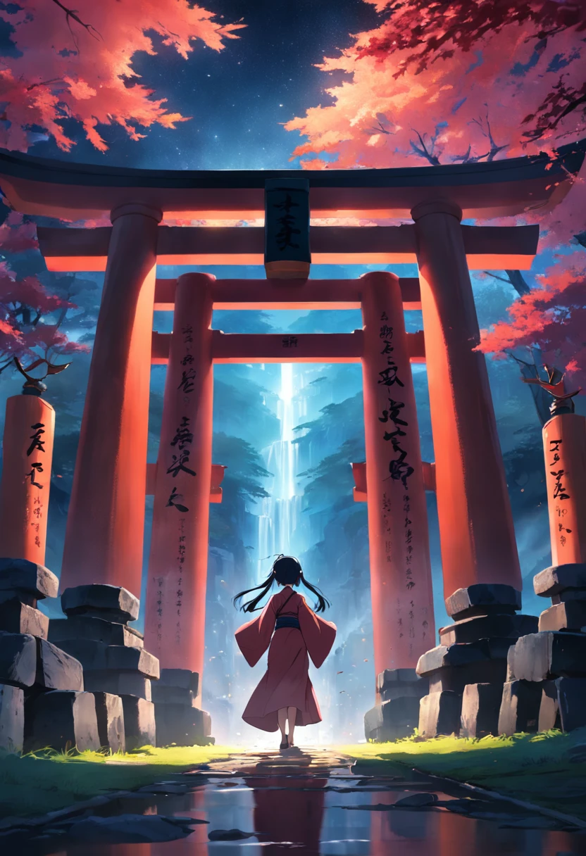 masterpiece, best quality, movie still, Footage of the main character passing through a mysterious torii gate