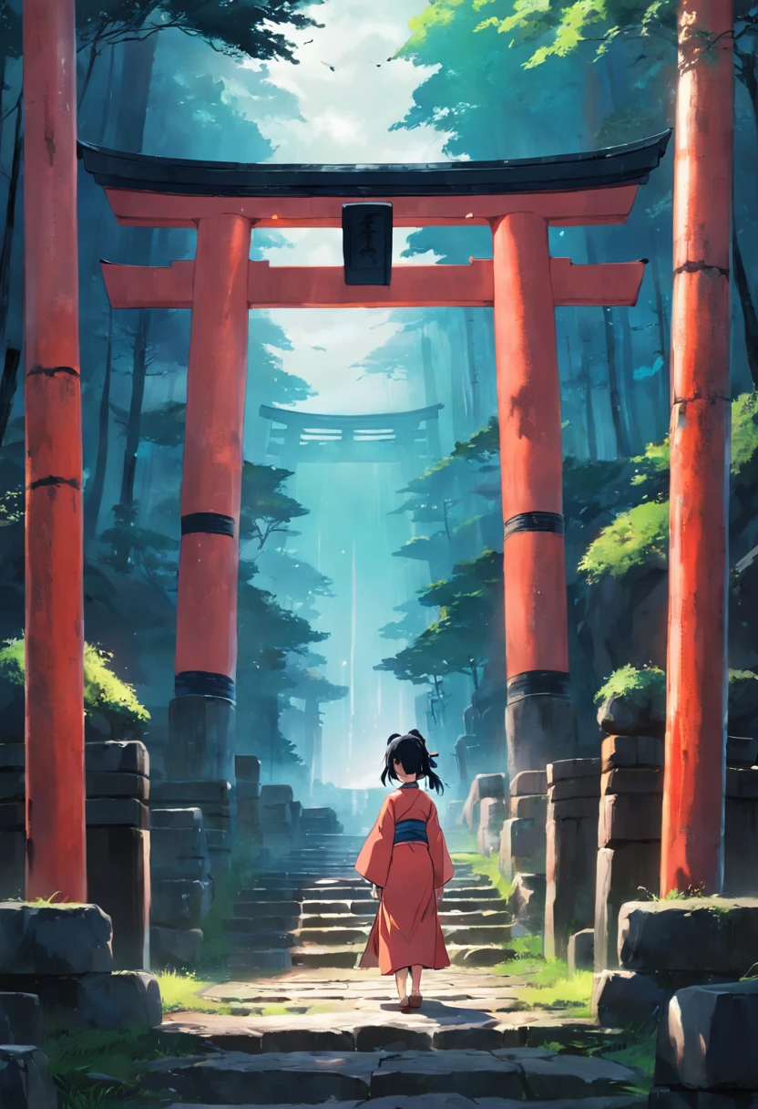 masterpiece, best quality, movie still, Footage of the main character passing through a mysterious torii gate