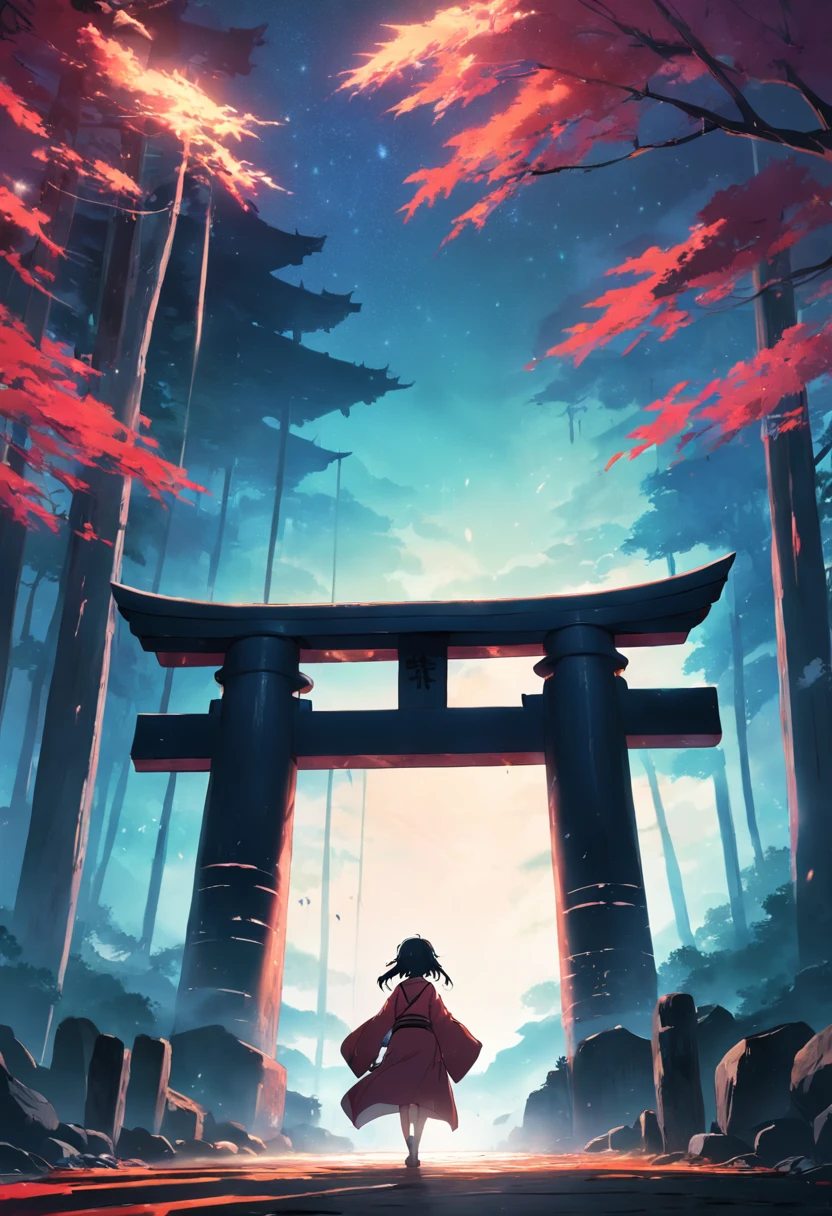 masterpiece, best quality, movie still, Footage of the main character passing through a mysterious torii gate