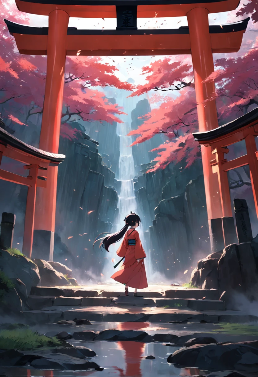masterpiece, best quality, movie still, Footage of the main character passing through a mysterious torii gate