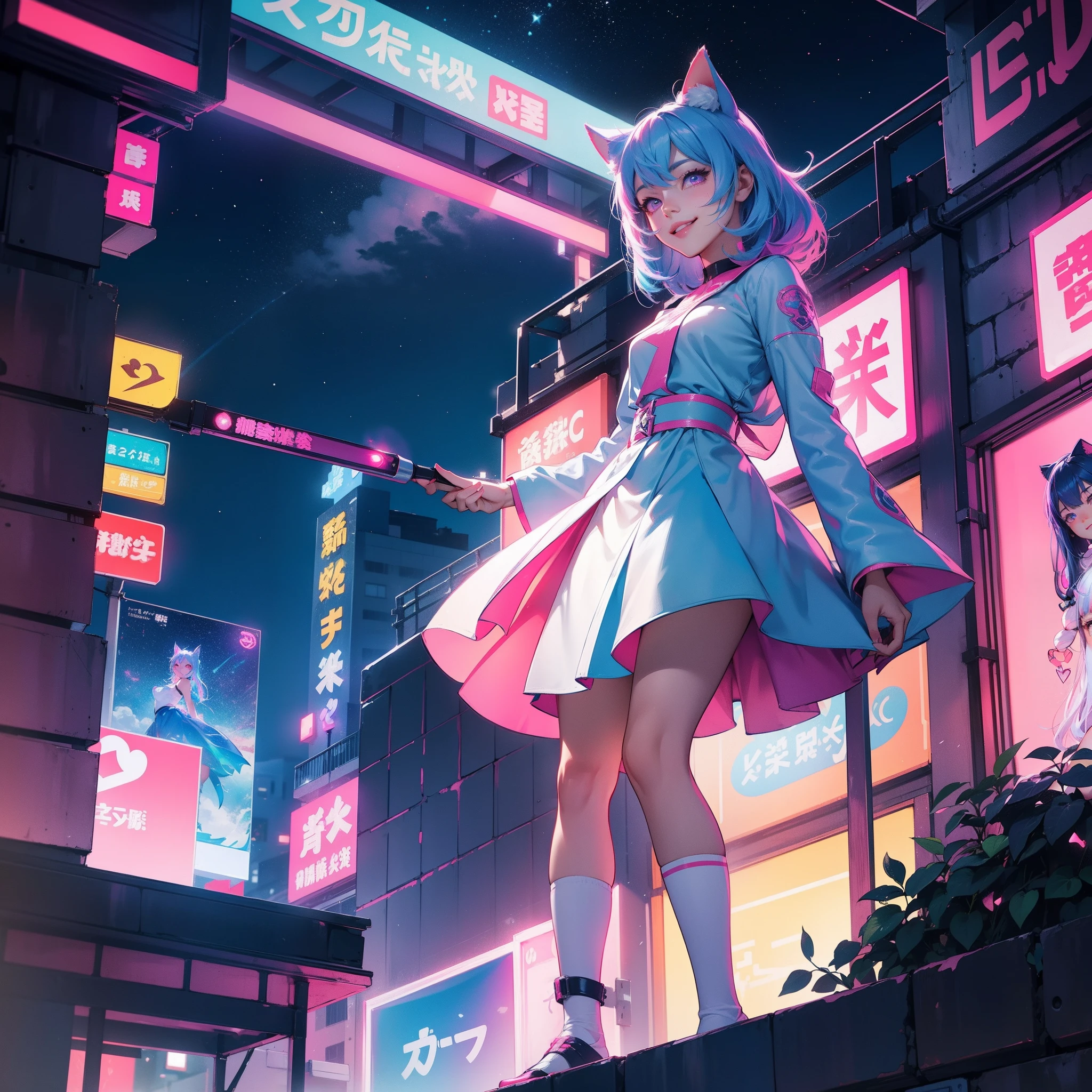 "(Hyper detailed), (moe anime), Girl neko pose, cute fantasy, outdoor, buildings, neon lights, smile, pink eyes, blue hair, (colorful), dreamy eyes, (epic)"