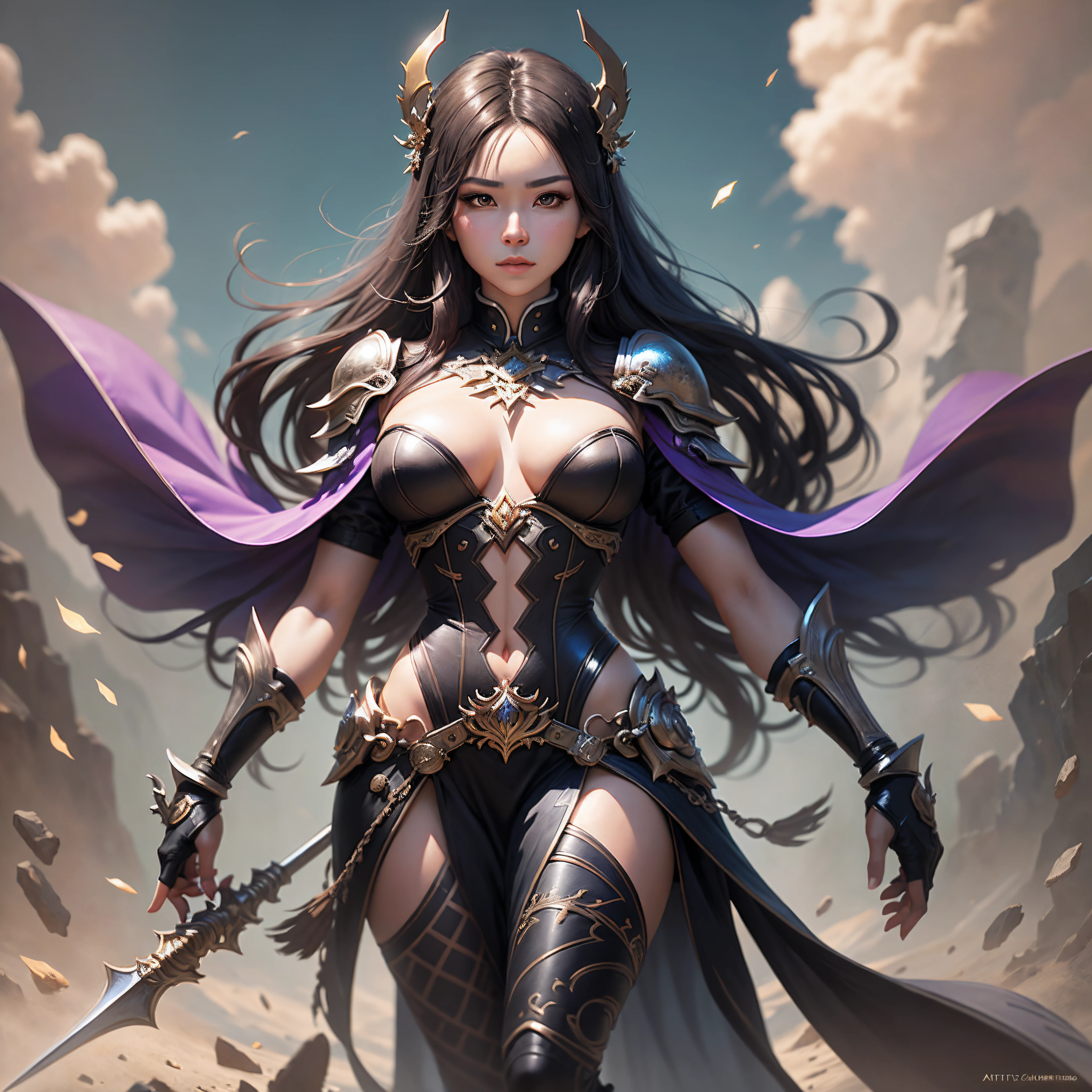 uma mulher em um vestido dourado e preto bem detalhado, chengwei pan on artstation, por Yang J, fantasmagóricoa, arte de fantasia detalhada, arte de personagem impressionante, fanart best artstation, epic and exquisite character art, bela armadura, arte extremamente detalhada, arte de anime digital detalhada , artgerm no artstation pixiv, garota de armadura centralizada na imagem de corpo inteiro, using a spear.