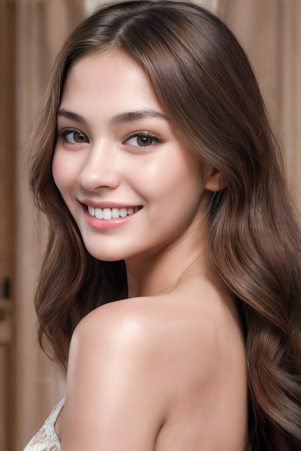Best_quality, masterpiece, photo_realistic,ultra_high_res, 8K_raw_photo, 1girl, long_brown_hair, detailed_skin, pore, Fashion model exposure, smile, finely_detailed, ultra_detailed, 8k_uhd, Good_finger
