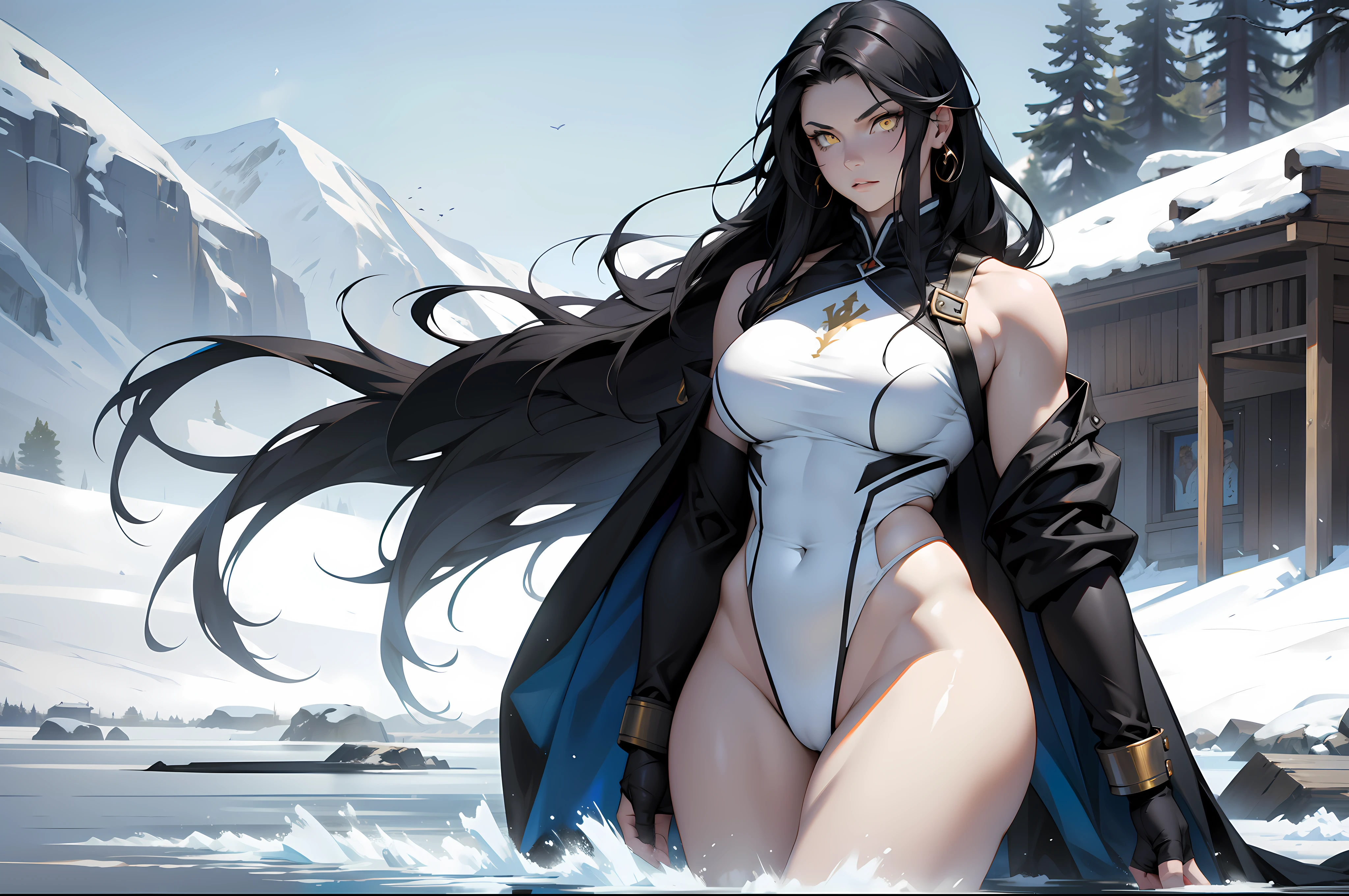 1 girl, black hair, yellow eyes, very long hair, pale skin, curvy, (extremely muscular), perky breasts, frozen lake