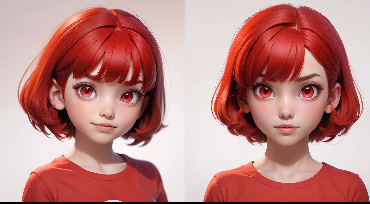 with red hair red eyes beautiful face,short hair with bangs wearing red clothes a red t-shirt ,surprise face,white background,style of a Disney Pixar cartoon