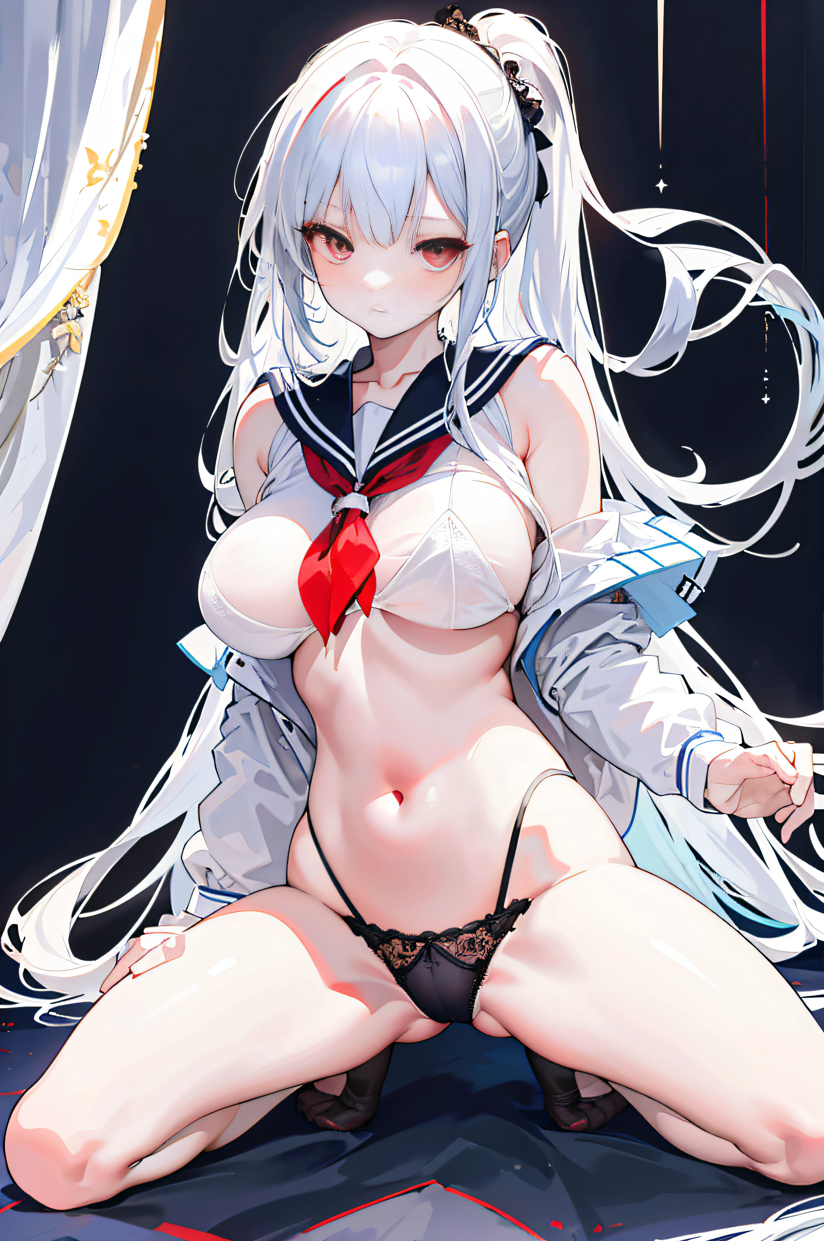 1girll，In the daytime，Light，divino，Gorgeous sailor suit，huge tit，Beth，revealing black lace panties，Fine details，Color gas，Background inside the White House，Long white hair，red color eyes，Chest exposed，dual horsetail，bending over and pouting her ass，Spread your legs