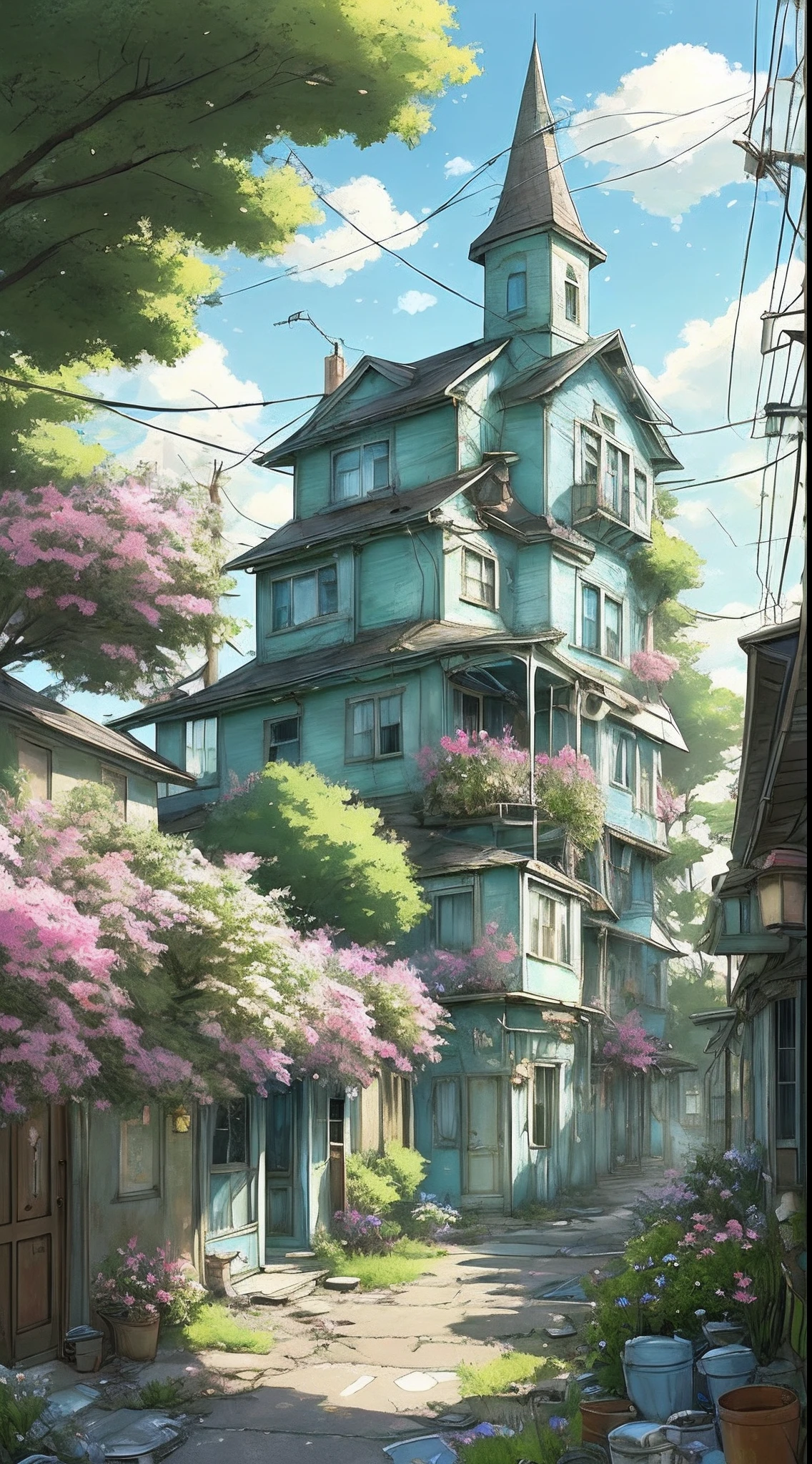 very cozy little place, hyper realism, (anime Makoto Shinkai:0.4), old shabby house in city street, home wiring, outdoors, sky, cloud, day, scenery, tree, blue sky, building, sign, wires, railing, wide shot, utility pole, town, wilderness, flowers, a lot of utensils lying around in a mess