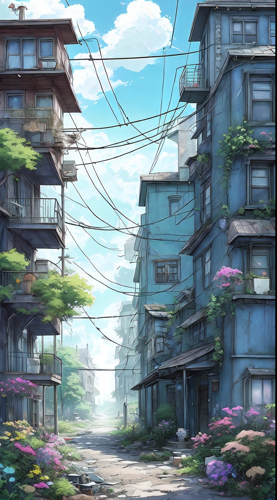 very cozy little place, hyper realism, (anime Makoto Shinkai:0.4), old shabby house in city street, home wiring, outdoors, sky, cloud, day, scenery, tree, blue sky, building, sign, wires, railing, wide shot, utility pole, town, wilderness, flowers, a lot of utensils lying around in a mess