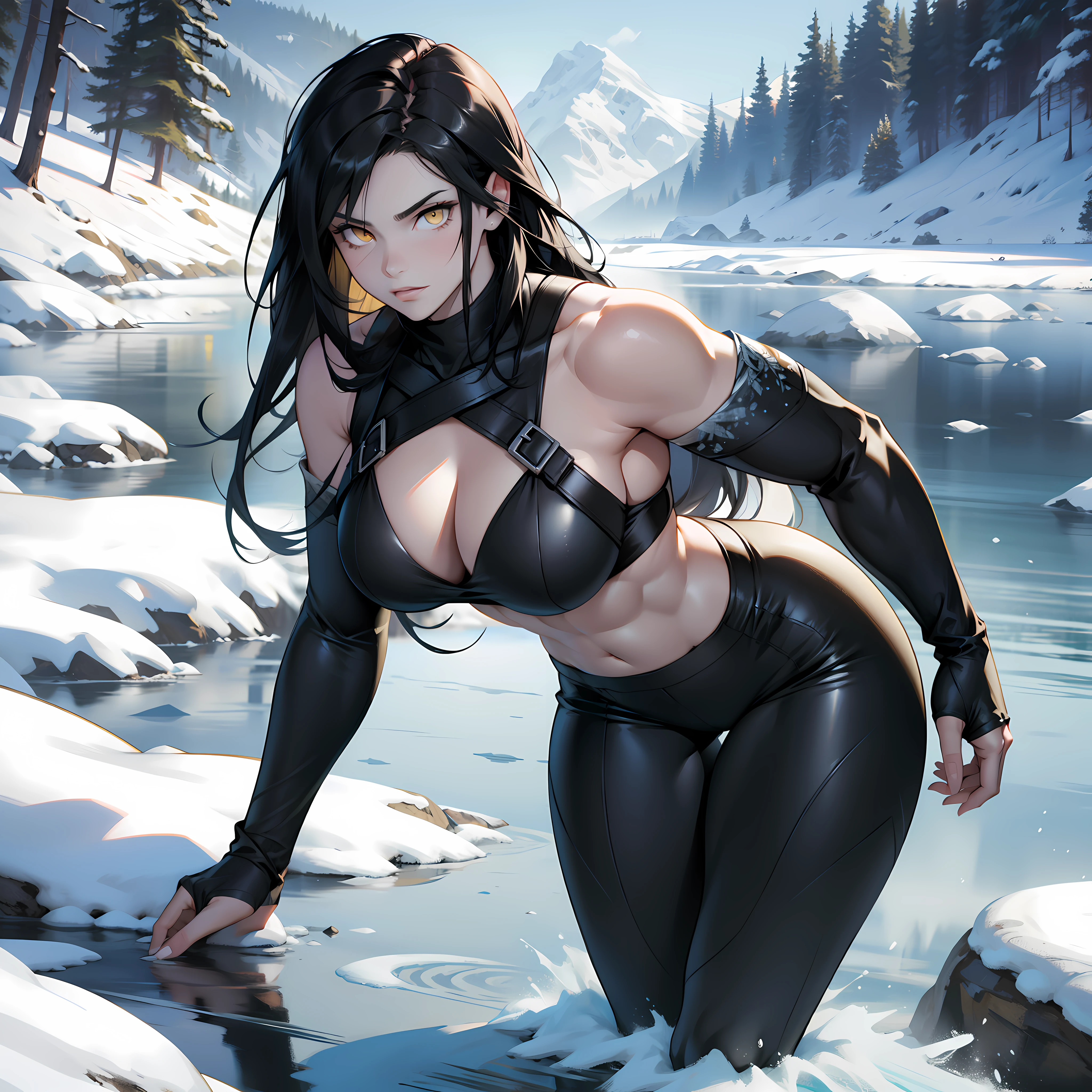 1 girl, black hair, yellow eyes, very long hair, pale skin, curvy, (extremely muscular), perky breasts, frozen lake