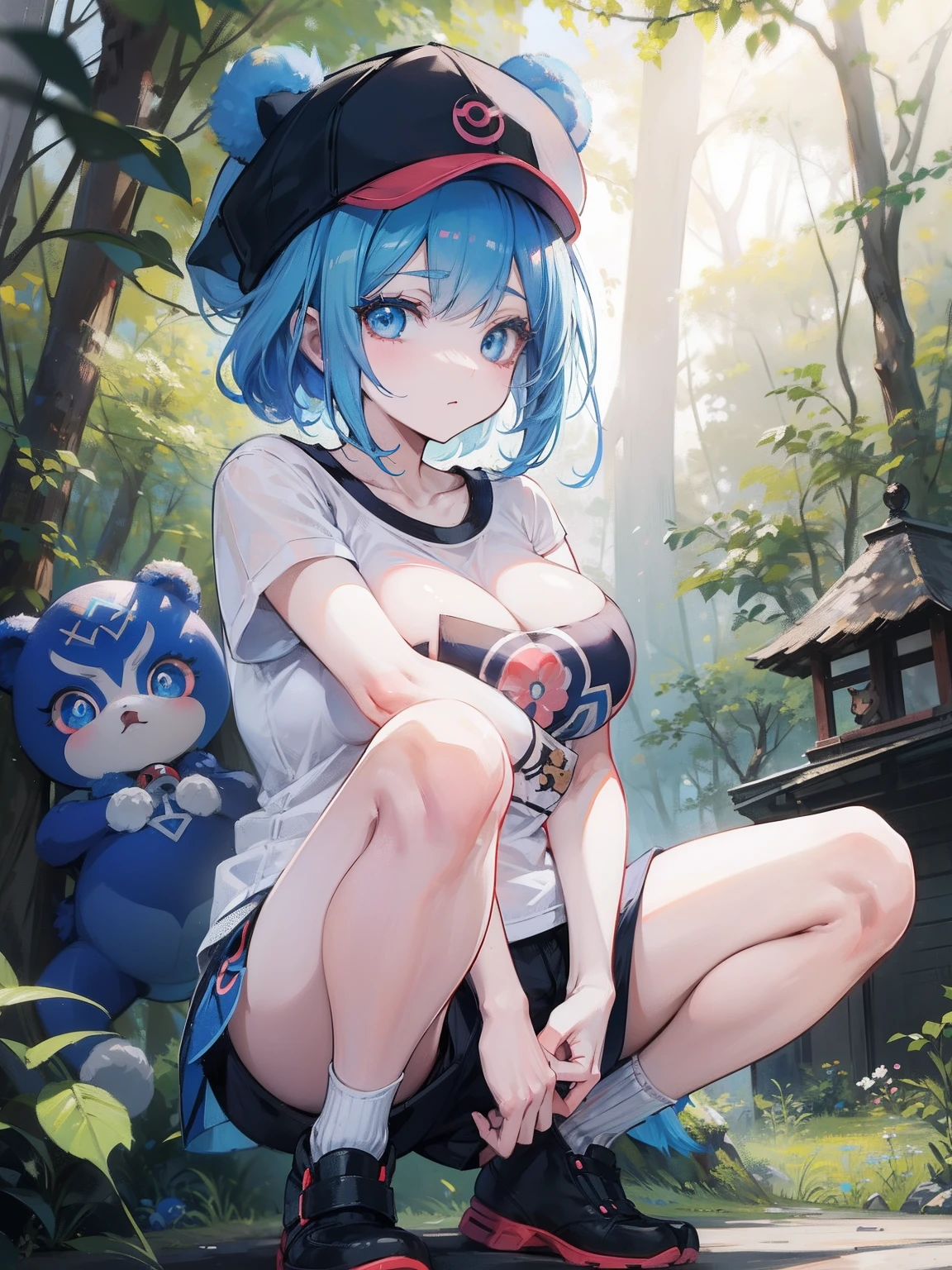 Anime style, Russian pokemon master, girl with tits,  wear with slavic ornaments, cap, sexy shorts and t-shirt, (near new pokemon little bear, blue furr, big eyes, six legs), in the sunny forest