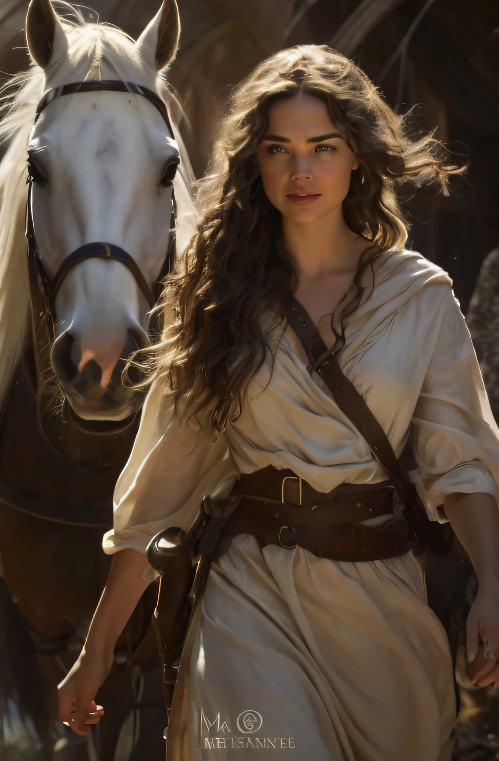 8K, A high resolution, Ultra detailed, (Masterpiece:1.4), Best quality,An Aalfid woman in a white dress walks next to a horse, magali villeneuve', graphic artist magali villeneuve, magali villeneuve and monet, inspired by Magali Villeneuve, author:Magali Villeneuve, author:Roman Bezpalkiv, of a beautiful female knight, imogen poots as a holy warrior, gal gadot as hell lord