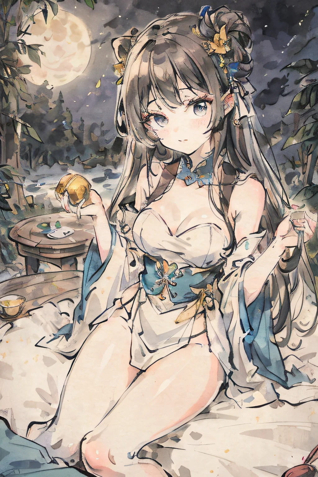 (((Best quality))), ((Ultra-detailed)), ((illustration)), ((Disheveled hair)), ((frilld)), (1 girl),(Solo)，bangs，Bare_bshoulders，Sam_Knees，Blue_Eyes，Blue_ribbon，Blush，Bottle，bugs，Butterfly，Clothing，crystal，Detached_Sleeves，dress，drink，Fan，Female，frilld_dress，frilld，full_Moon，Pedras preciosas，ginko_leafs，Grey_Hair，Hair_between_Eyes，hair pin，Hair_decorations，Indoors，insect，jewelry，leafs，legwear，Long_Hair，Moon，Night，Night_sky，number，ribbon，Room，Sitting，sky，Sleeveless，Sleeveless_dress，Solo，upper legs，White_dress，White_legwear，White_upper legs，Yellow_Butterfly，