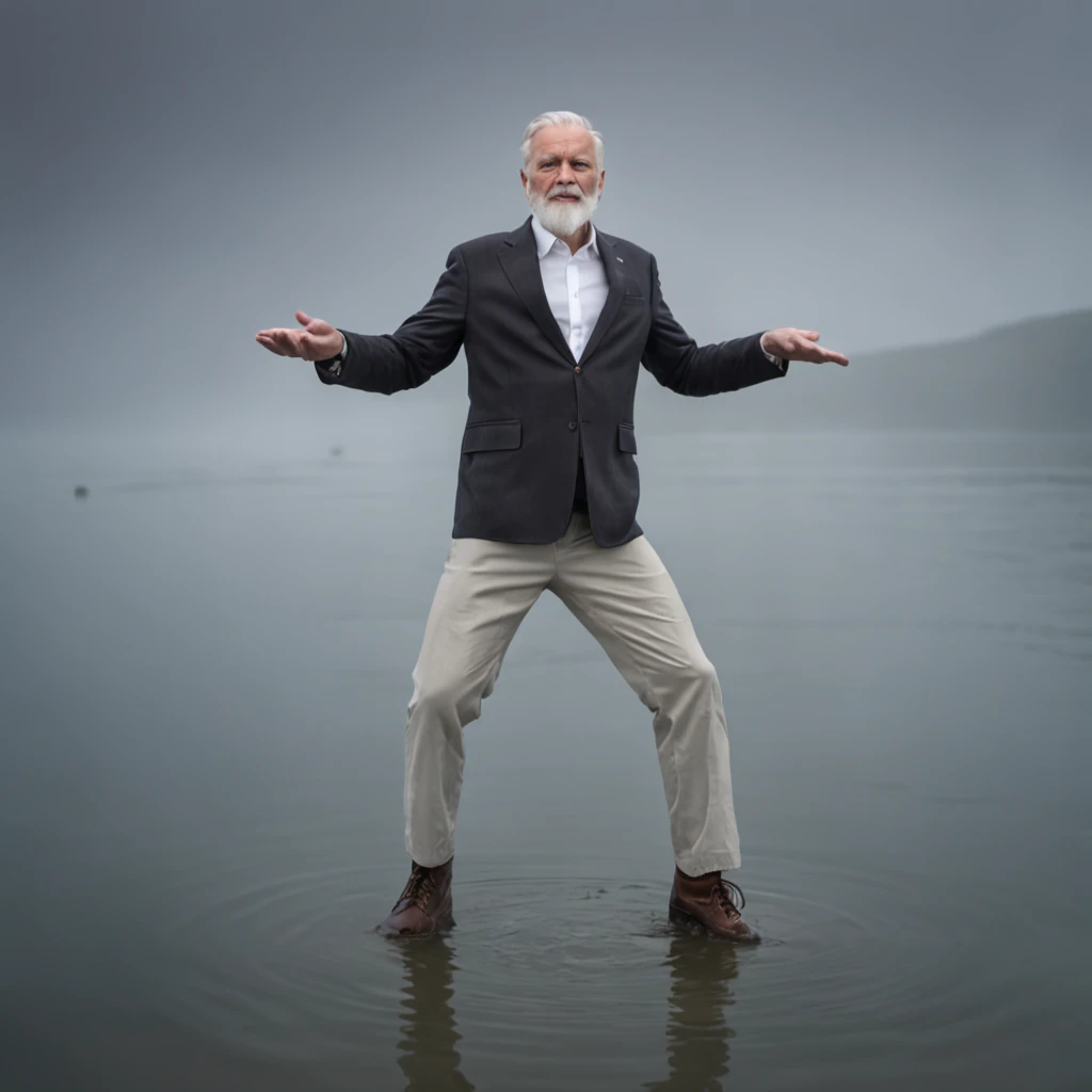 A man with a white beard, standing next to water, standing on two legs, full body portrait shot, standing on water, full body photogenic shot, height of 165cm, , wearing boots, marketing photo, doing a majestic pose