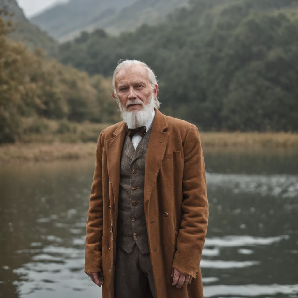 A man with a white beard, standing next to water, standing on two legs, full body portrait shot, standing on water, full body photogenic shot, height of 165cm, , wearing boots, marketing photo, doing a majestic pose
