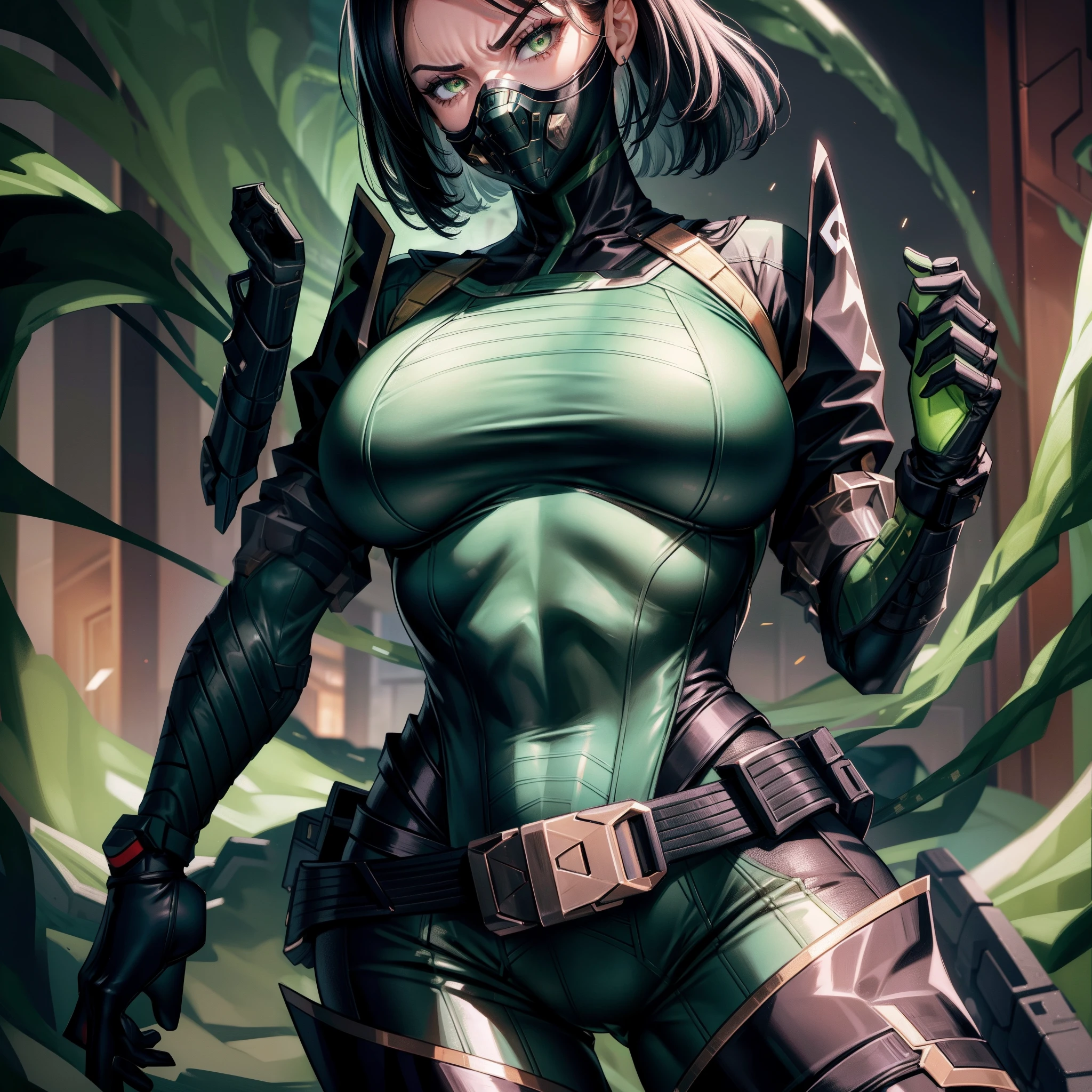 Masterpiece, Best quality,Look at the woman from below ，《Fearless viper》, tightsuit, mitts, belt, thigh boots, respirator, view the viewer, face, Portrait, Close-up, Red-faced，Glowing eyes, green smoke, Black background,huge tit，Raised chest，Close-up of chest，oversized boobs，chest focus，Woman in a swimsuit，angry look，Extremely erotic figure，Staring angrily at the screen，Facing the screen，High-gloss dark style