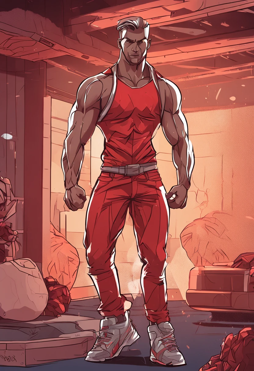 Um bodybuilder masculino e feminino com roupas vermelhas e pretas no estilo anime