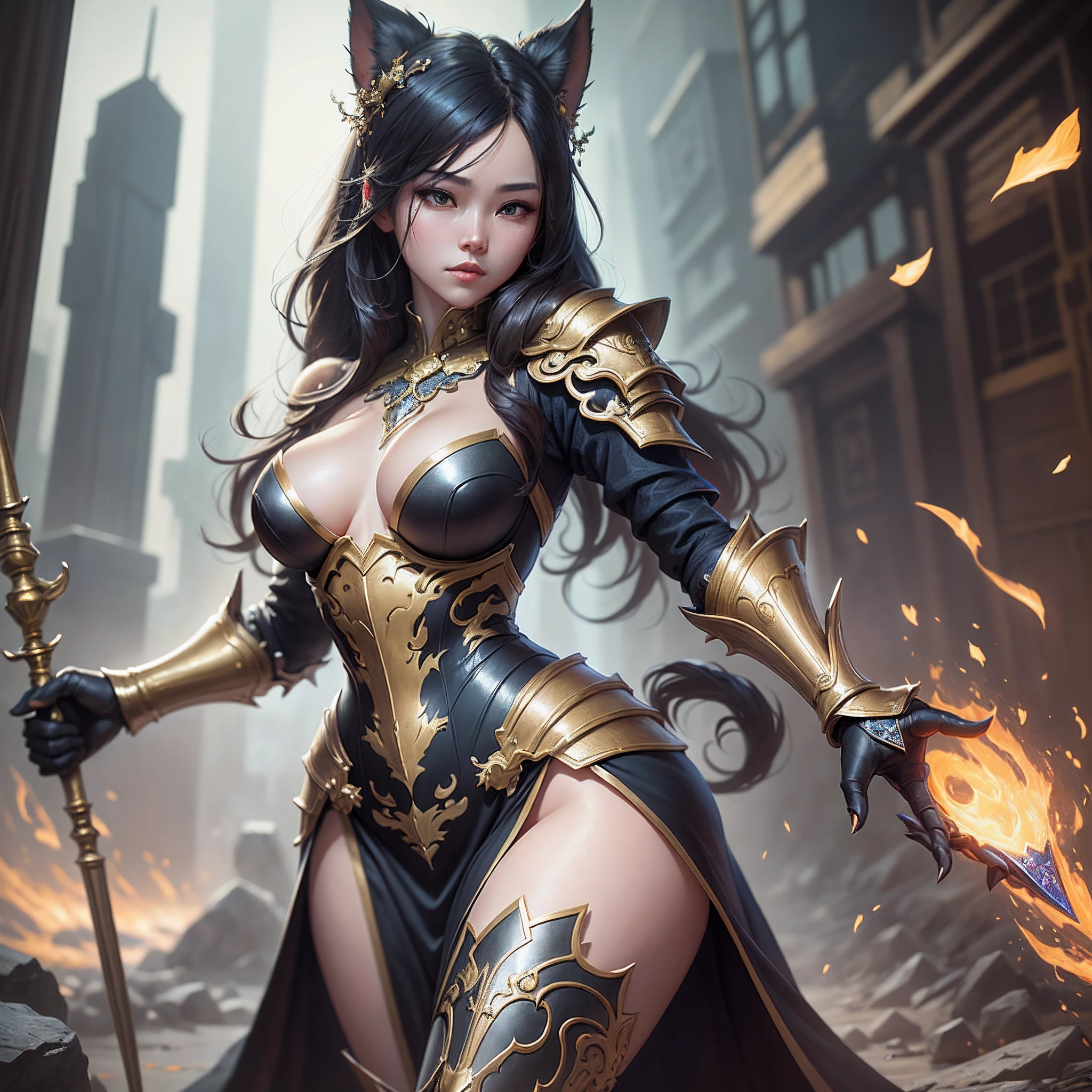 a woman in a well-detailed gold and black dress, chengwei pan on artstation, by Yang J, ghostly, detailed fantasy art, stunning character art, fanart best artstation, epic and exquisite character art, beautiful armor, extremely detailed art, detailed digital anime art, artgerm on artstation pixiv, girl in armor centered on full body image.