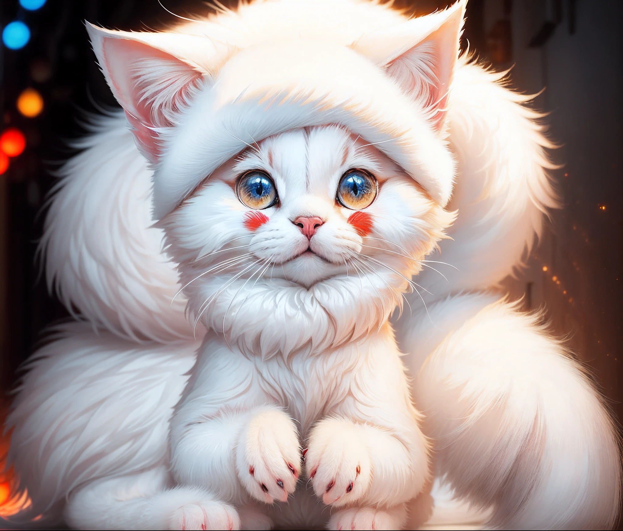 hairy pubic,White fur,hyper cute face,Red element on fur,chiquita,Beautiful lights and shadows,ambient lights,Ultra-fine fur,volumettic light