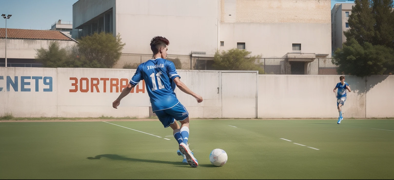 Change the background make realistic footaball court stadium realistic boy shooting the ball in blue jersey with number 10 on his back real hd ARCHIT 10