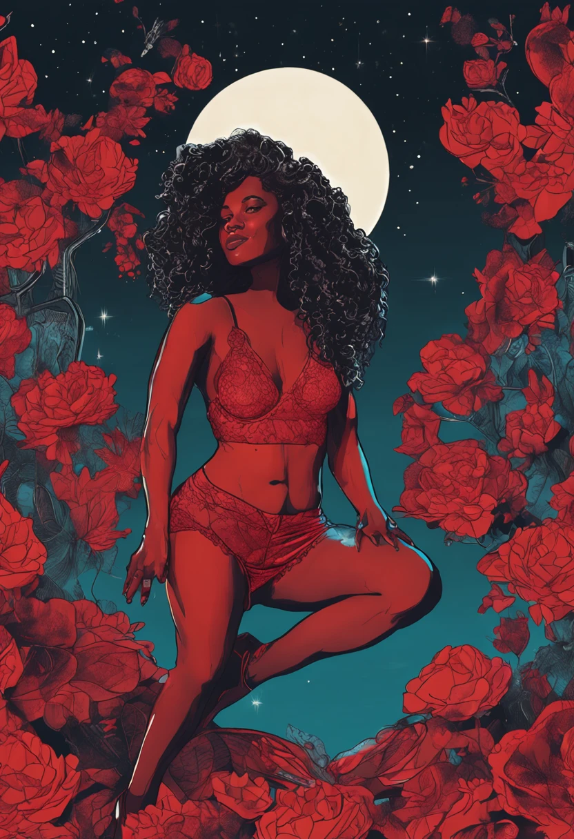 (Masterpiece - Illustrations - Detailed - Best Quality)   beautiful  curvy black woman wearing red lingerie  sitting on a full moon , with the universe around her, 8k , perfect anatomy, super detailed , hyper detailed face, realistic hands, super detailed eyes