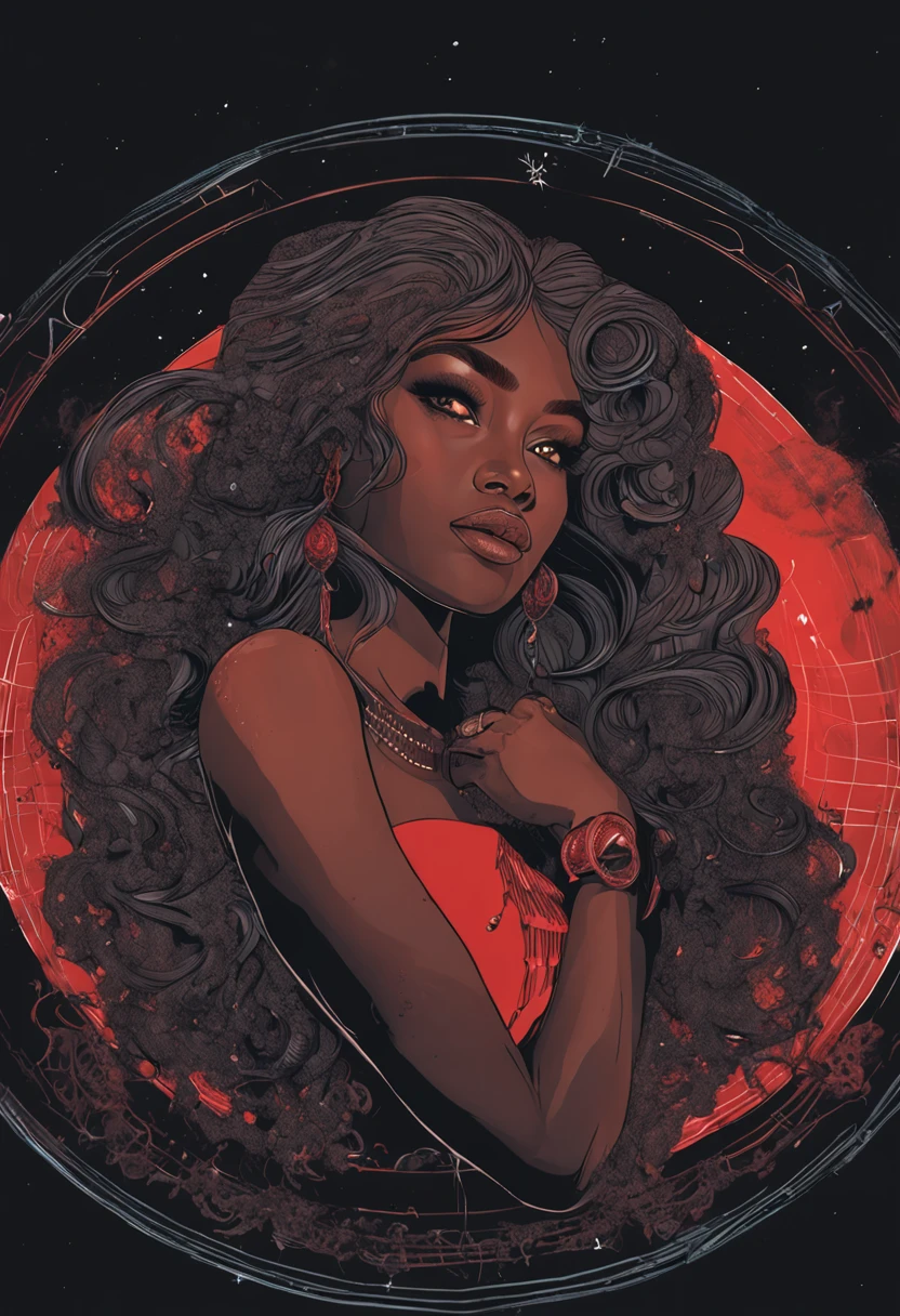 (Masterpiece - Illustrations - Detailed - Best Quality)   beautiful  curvy black woman wearing red lingerie  sitting on a full moon , with the universe around her, 8k , perfect anatomy, super detailed , hyper detailed face, realistic hands, super detailed eyes