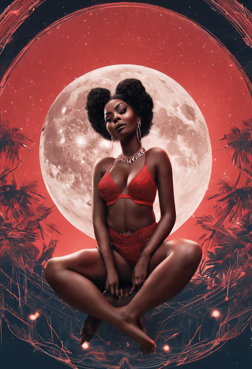 (Masterpiece - Illustrations - Detailed - Best Quality)   beautiful  curvy black woman wearing red lingerie  sitting on a full moon , with the universe around her, 8k , perfect anatomy, super detailed , hyper detailed face, realistic hands, super detailed eyes