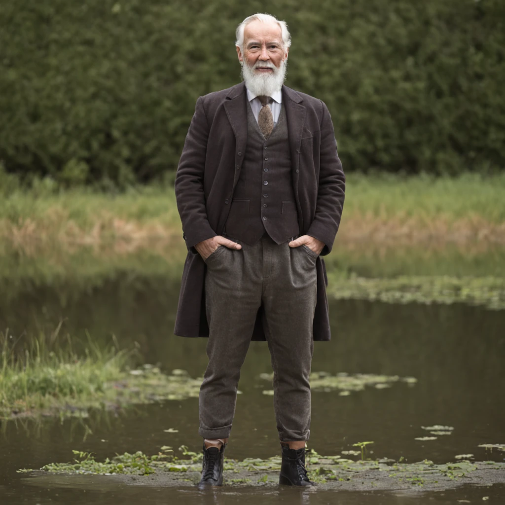 A man with a white beard, standing in grassy field, standing on two legs, full body portrait shot, standing on water, full body photogenic shot, height is 180 cm, , wearing boots, marketing photo, doing a majestic pose