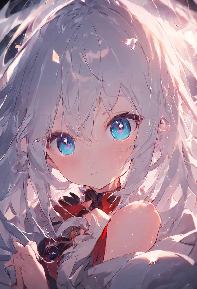 white hair, expressive hair, crystal hair, heart-shaped pupils, heart-shaped pupils, anime style, high detail, backlighting, anatomically correct, UHD, best quality, award winning