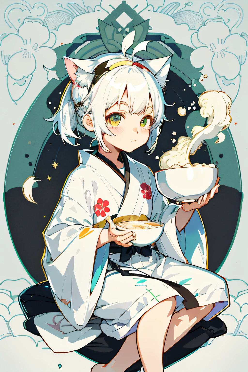Anime characters with a bowl of porridge and cat ears,  White Cat Girl, anime girl with cat ears, Anime style illustration, anime illustration, Digital anime illustration, trending on artstation pixiv, Pisif style, cute anime catgirl, Guweiz in Pixiv ArtStation