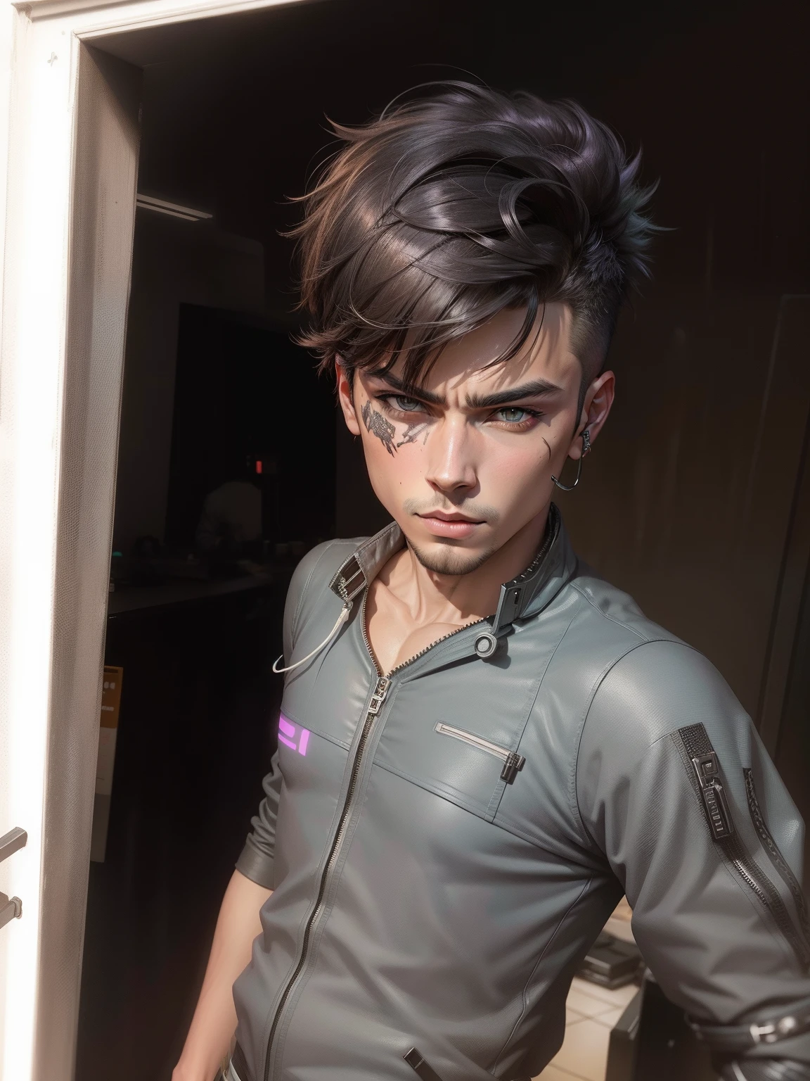 Change background cyberpunk handsome boy.realistic face.