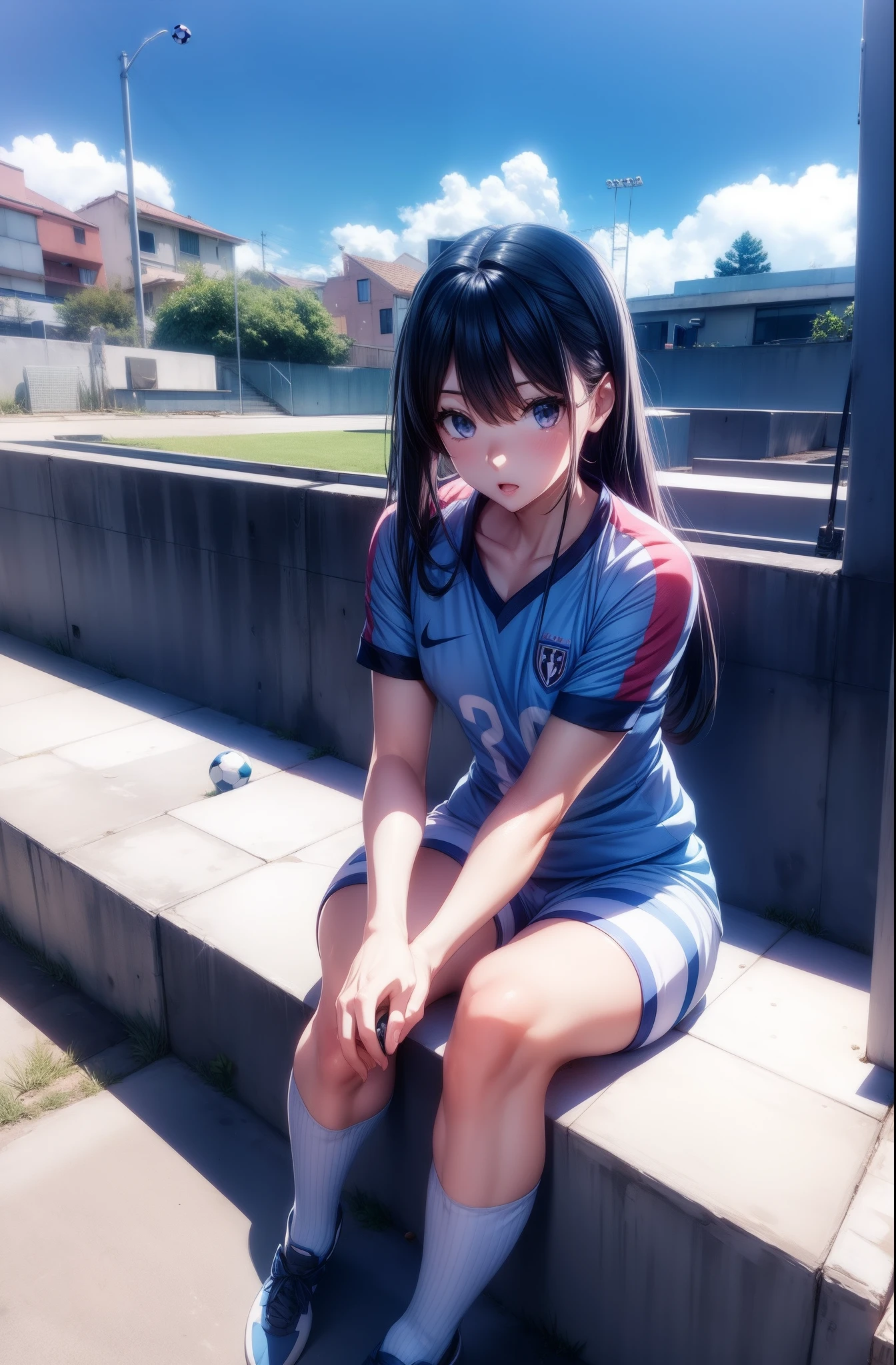 :0,Anime girl sitting on a ledge with a soccer ball in hand, uniforme de futebol,anime moe artstyle