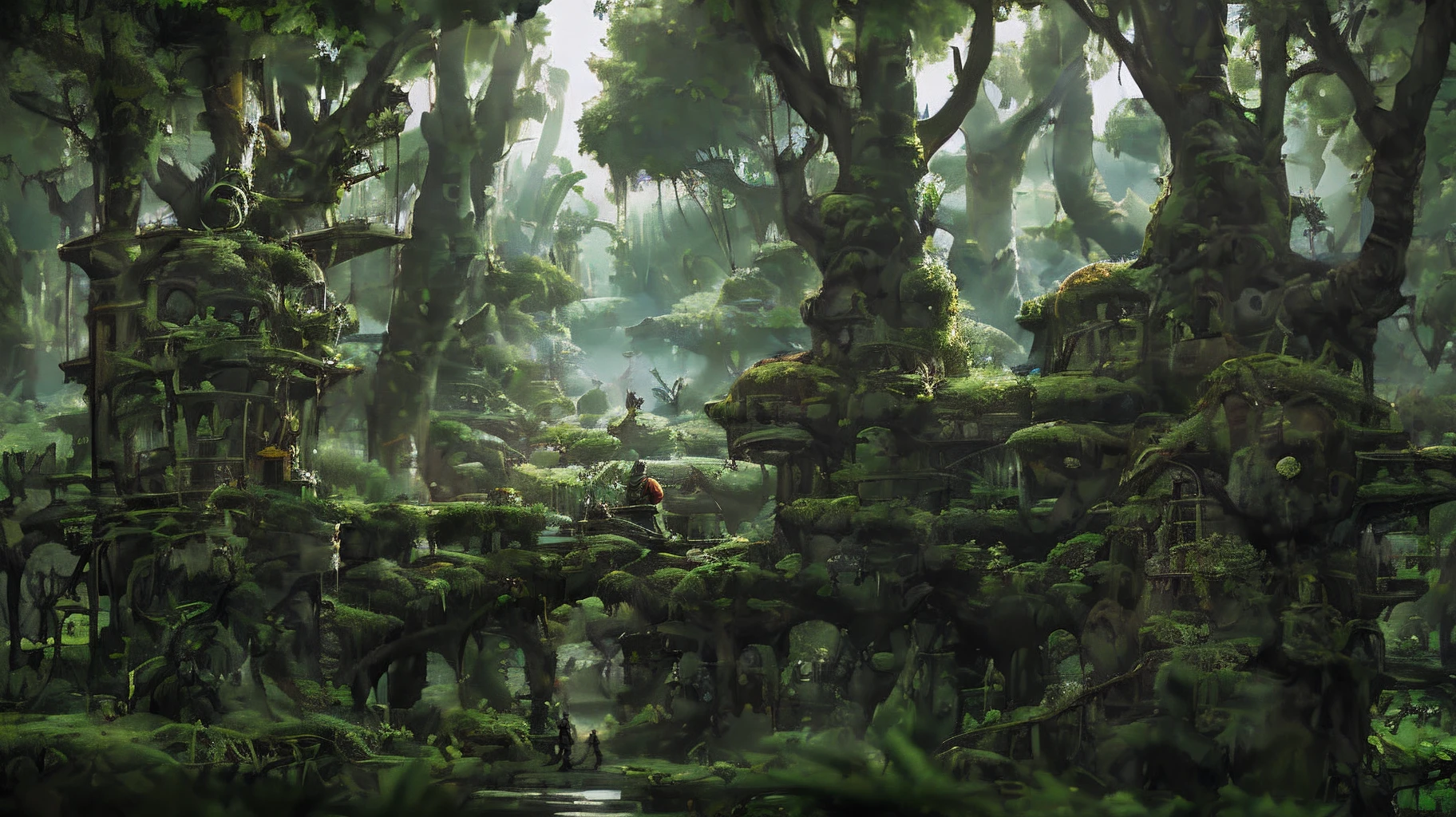 there is a man standing in a forest with a bridge, environmental concept art, detailed 4k concept art, fantasy forest environment, fantasy overgrown world, fantasy jungle, highly realistic concept art, highly detailed concept art, epic digital concept art, environment concept art, ancient forest, high quality digital concept art, concept art wallpaper 4k, unreal engine fantasy art