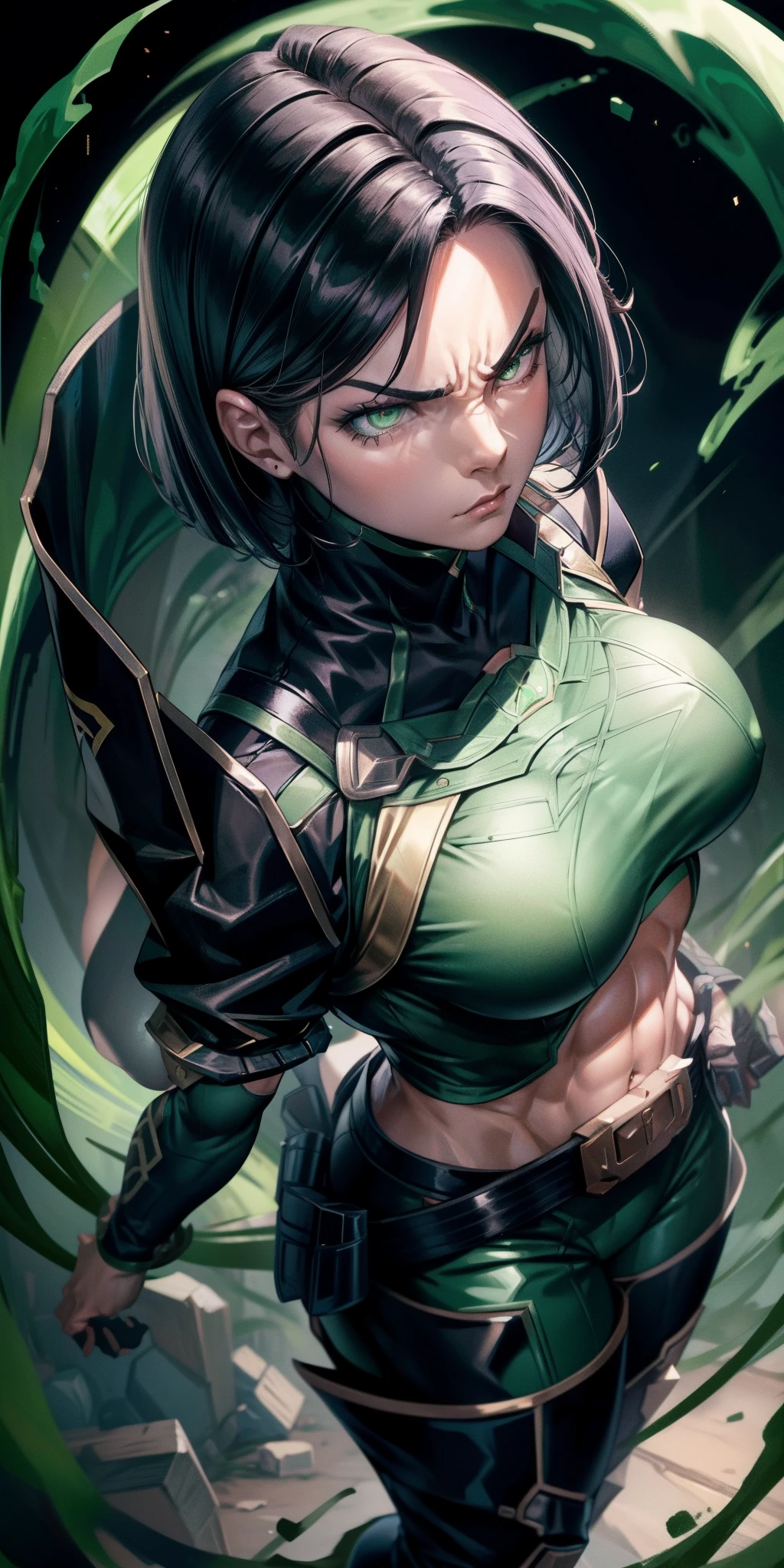 Masterpiece, Best quality,looking from above，《Fearless viper》, 比基尼, mitts, belt, thigh boots, respirator, view the viewer, face, Portrait, Close-up, Glowing eyes, green smoke, Black background,huge tit，Raised chest，Bare-bodied，Close-up of chest，angry look，Devil figure，Staring angrily at the screen，Facing the screen，Muscle woman，Abs，naked belly