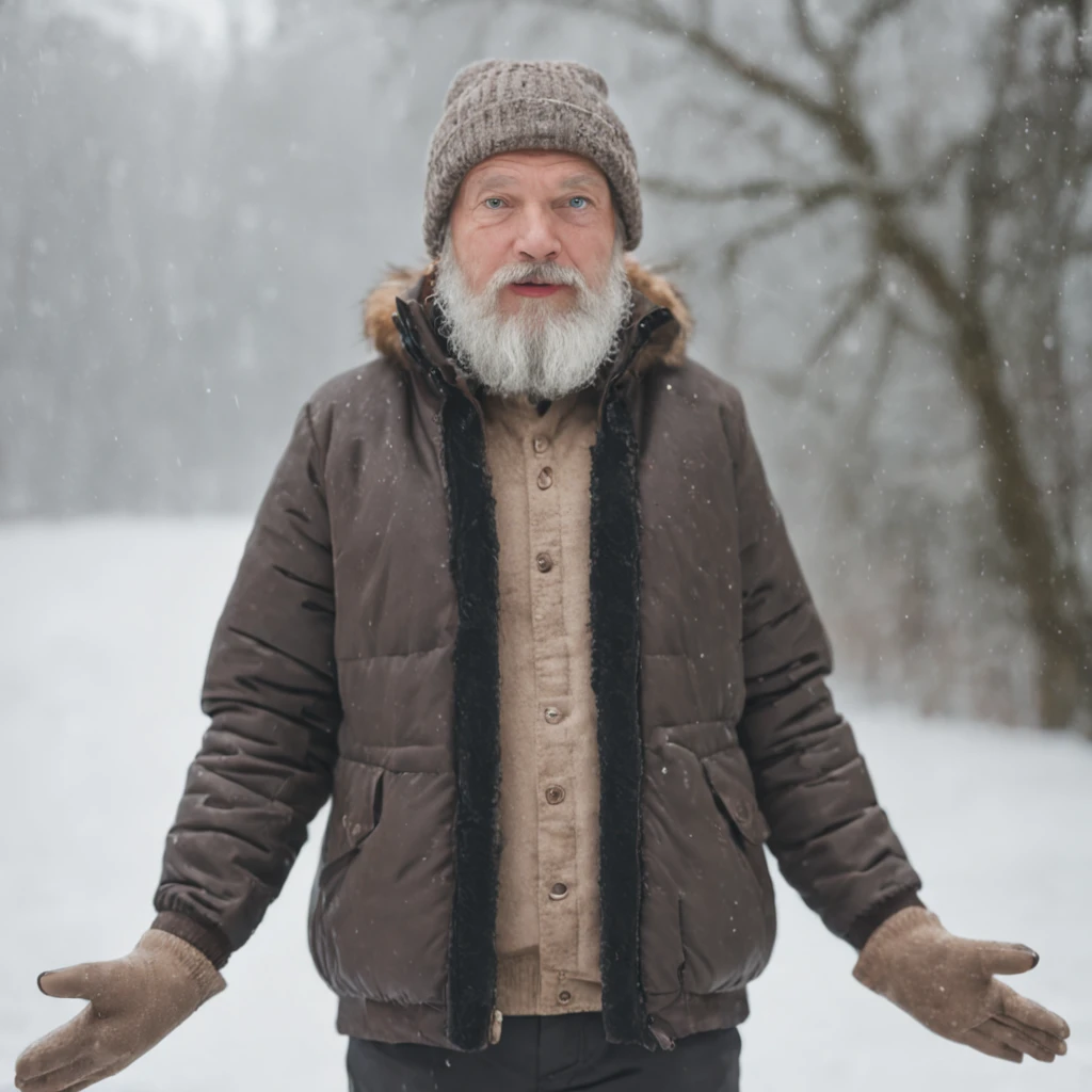 A man with a white beard, Stand on the snow, standing on two legs, full body portrait shot, standing on water, full body photogenic shot, height is 180 cm, , wearing boots, marketing photo。