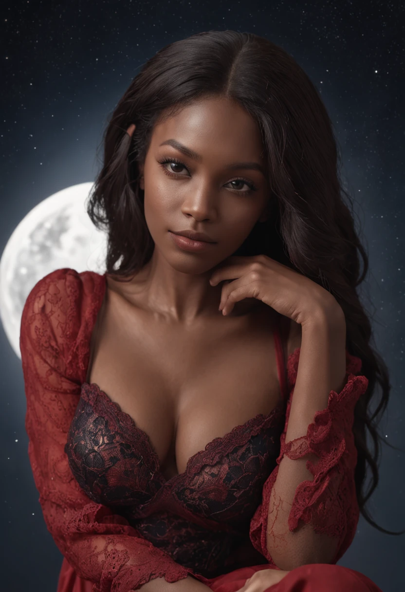 (Masterpiece - Illustrations - Detailed - Best Quality)   beautiful  curvy black woman wearing red dress sitting on a full moon , with the universe around her, 8k , perfect anatomy, super detailed , hyper detailed face, realistic hands, super detailed eyes