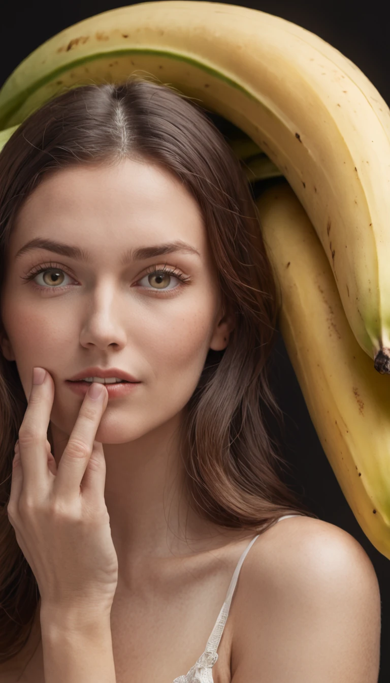 mulher visivelmente surpresa e encantada, holding a giant banana that is clearly larger than your own head. Your eyes are wide open, expressing a mixture of shock and awe as she holds the end of the banana, that extends beyond your shoulders. Her hands are delicately resting on the surface of the banana, and his mouth is half-open in an expression of genuine surprise. The scene captures the moment when she is discovering and reacting to the extraordinary presence of the giant banana, radiating fascination and wonder at the unusual proportions of the fruit