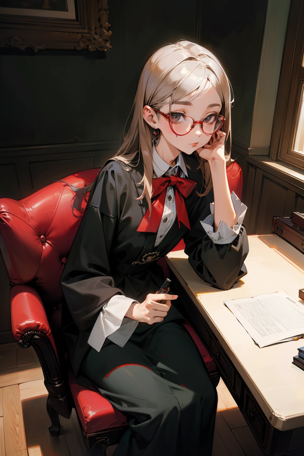 tmasterpiece,Need,Superb beauty,mature,Intellectual,Silver-framed glasses,World Masterpiece Theatre,super-fine,Need,Need,brunette color hair,A high resolution,Need,1girll,Need,illustratio,Idle,Small tattoos on the hands,Uninhibited,sobu,desks,Red sofa,canvas, oil painted, Photorealsitic, Realist,Real,