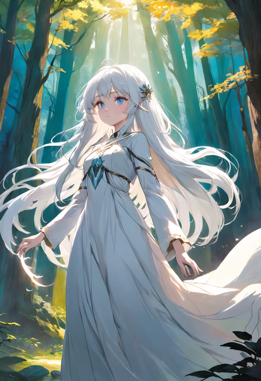 Beautiful girl with pristine white hair and enchanting eyes, dressed in an ethereal white gown, standing in a sun-dappled forest clearing, surrounded by towering ancient trees, their leaves casting dancing shadows, Illustration, watercolor painting, --ar 9:16 --v 5