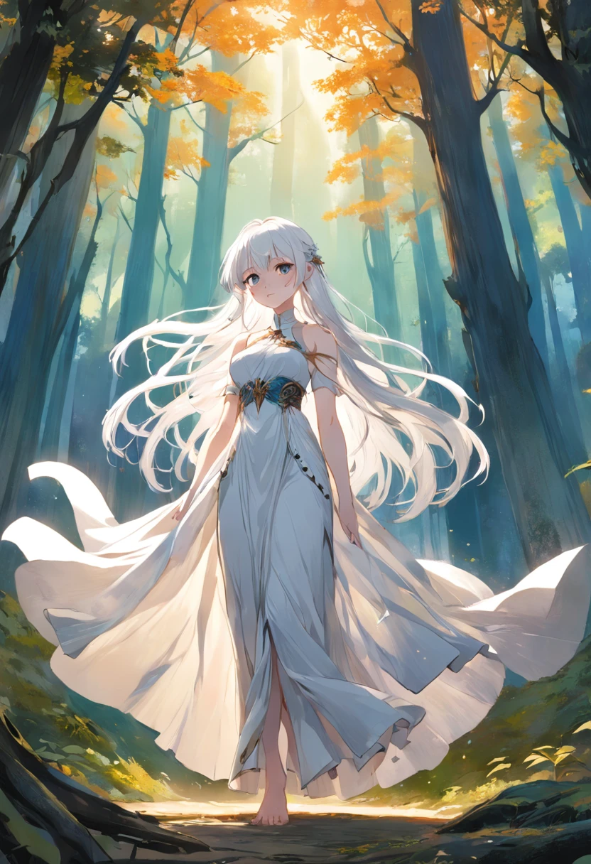 Beautiful girl with pristine white hair and enchanting eyes, dressed in an ethereal white gown, standing in a sun-dappled forest clearing, surrounded by towering ancient trees, their leaves casting dancing shadows, Illustration, watercolor painting, --ar 9:16 --v 5