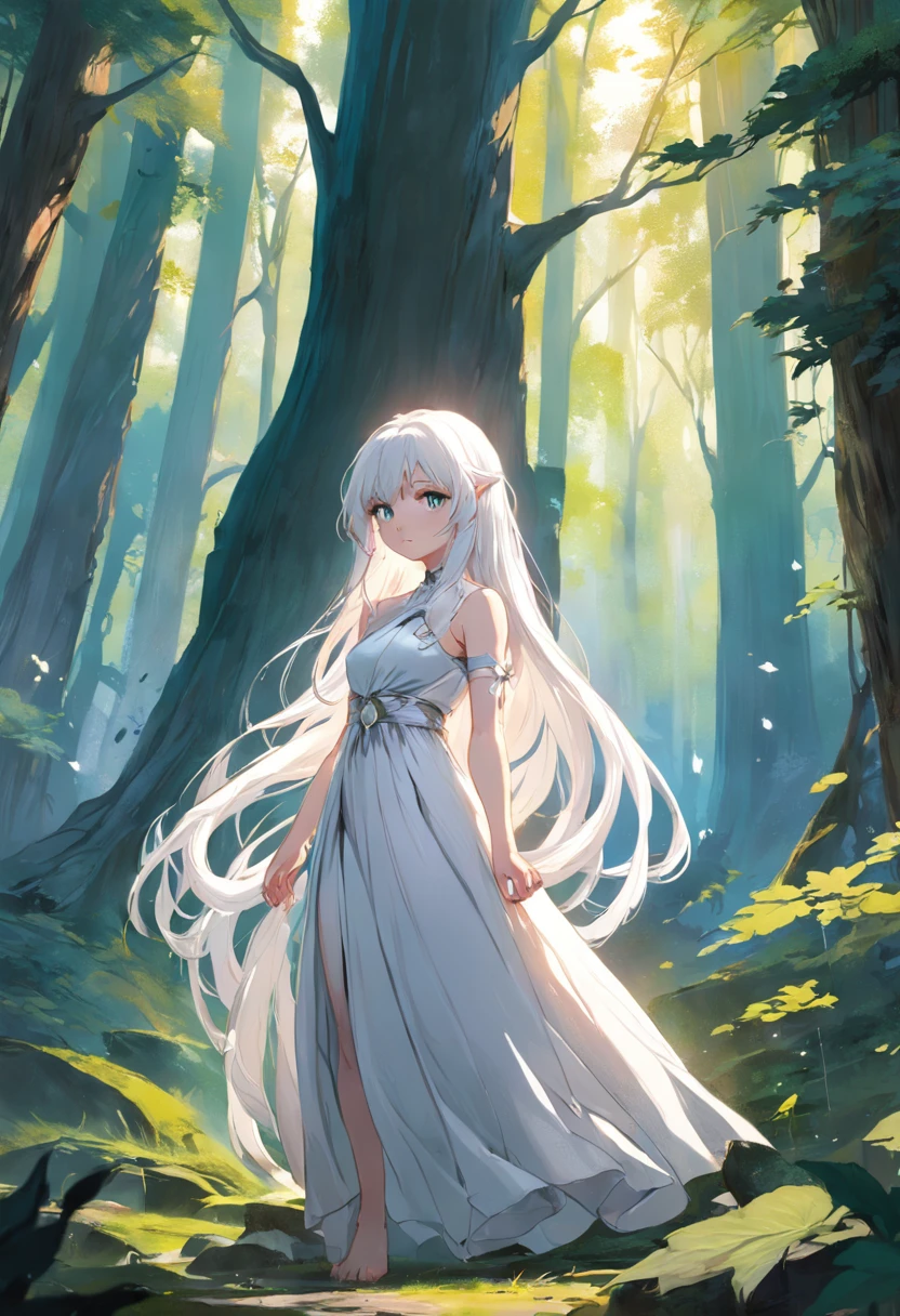 Beautiful girl with pristine white hair and enchanting eyes, dressed in an ethereal white gown, standing in a sun-dappled forest clearing, surrounded by towering ancient trees, their leaves casting dancing shadows, Illustration, watercolor painting, --ar 9:16 --v 5