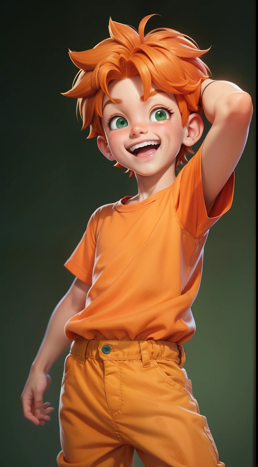 little boy character, green eyes,orange clothes ,orange hair ,laughing a lot ,,style of a Disney Pixar cartoon