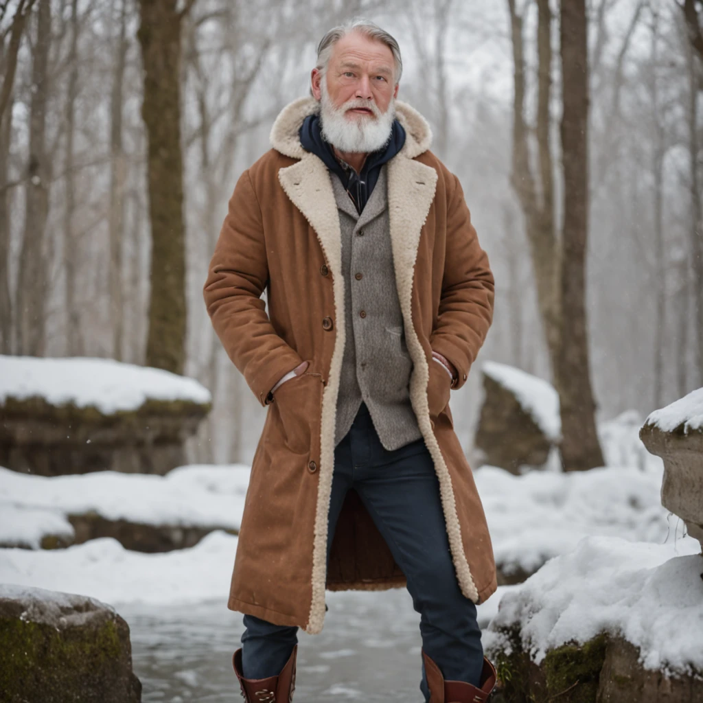 A man with a white beard, Stand on the snow, standing on two legs, full body portrait shot, standing on water, full body photogenic shot, height is 180 cm, , Wear riding boots, marketing photo。