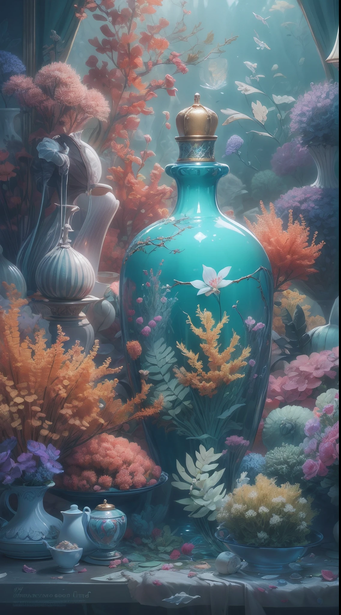 underwater shot，chinaware，In a chic，closeup cleavage，Azure porcelain bottle, No Man, still-life, Pedras preciosas, ((bubbly underwater scenery))，Beautiful coral reef under the sea in the background，Rochas,Marine life，colorful coral reef,ModelShoot style, (Extremely detailed Cg Unity 16K wallpaper), Masterpiece, Super detailed, Epic composition, Highest quality, 16K，Beautiful digital artwork, Guviz-style artwork, 8K highly detailed digital art, Beautiful digital illustration, Cute detailed digital art, stunning digital illustration, A beautiful artwork illustration, Exquisite digital illustration,,16K detailed digital art,